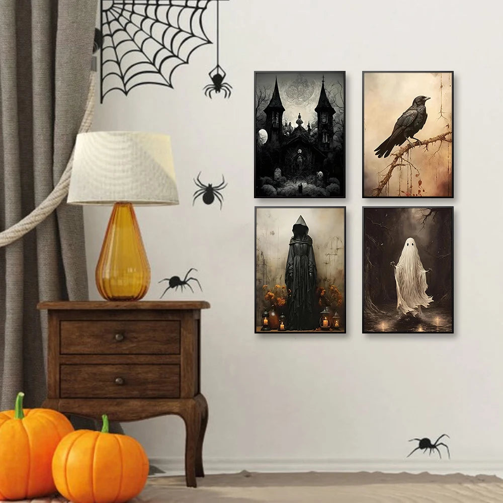 Gothic Halloween Decor Wall Art Painting Abstract Dark Castle Crow Ghost Print Canvas Art Poster for Halloween Party Decor