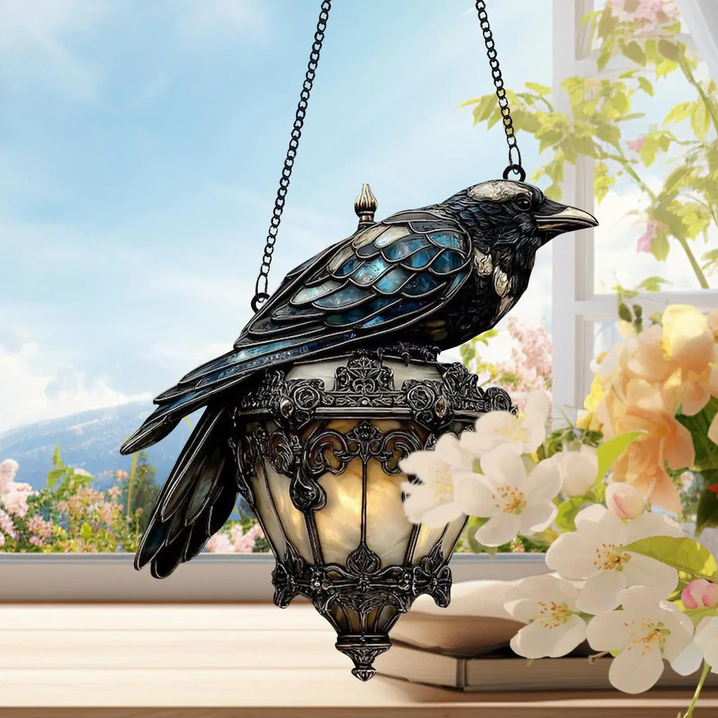 Gothic Crow on Lantern Ornament Sign 2D Acrylic Sign Halloween crow stained glass lantern Home Decorations for Holiday Party