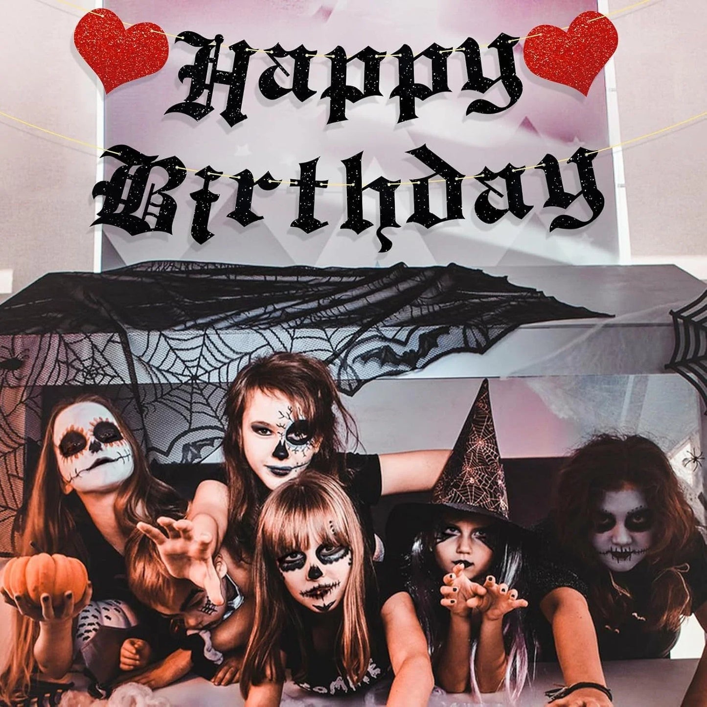 Goth Birthday Decorations, Gothic Happy Birthday Banner Glitter Funeral Party Supplies Halloween Birthday Party Banner Decoratio