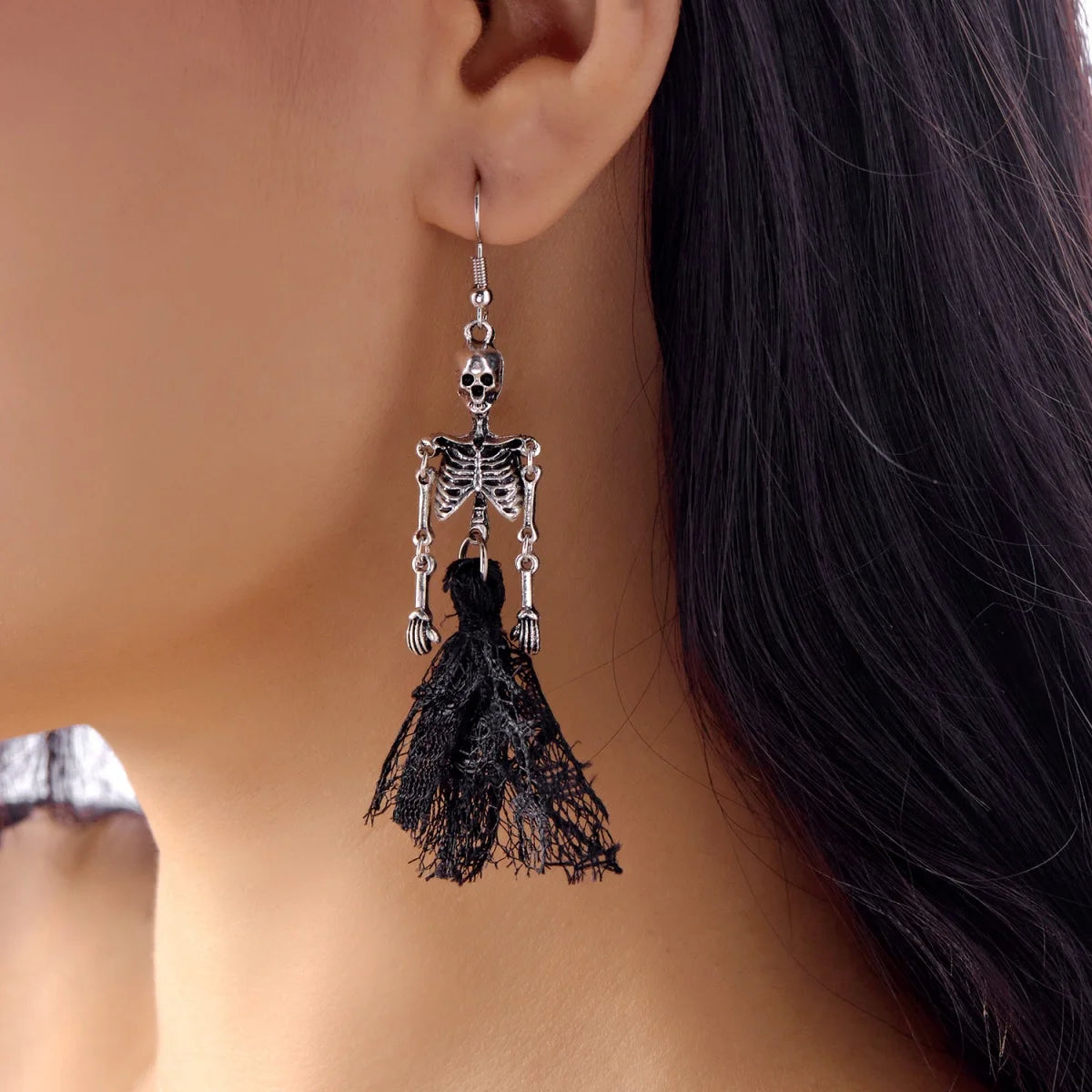Gothic Bride Skull Skeleton Dangle Earrings Lace Fringe Asymmetrical Drop Halloween Funny Wedding Jewelry For Women Men Gifts