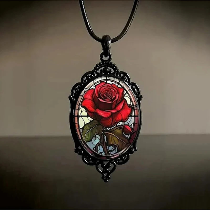 Gothic Style Oval Red Rose Flower Glass Pendant Necklace For Women Punk Halloween Jewelry Gifts