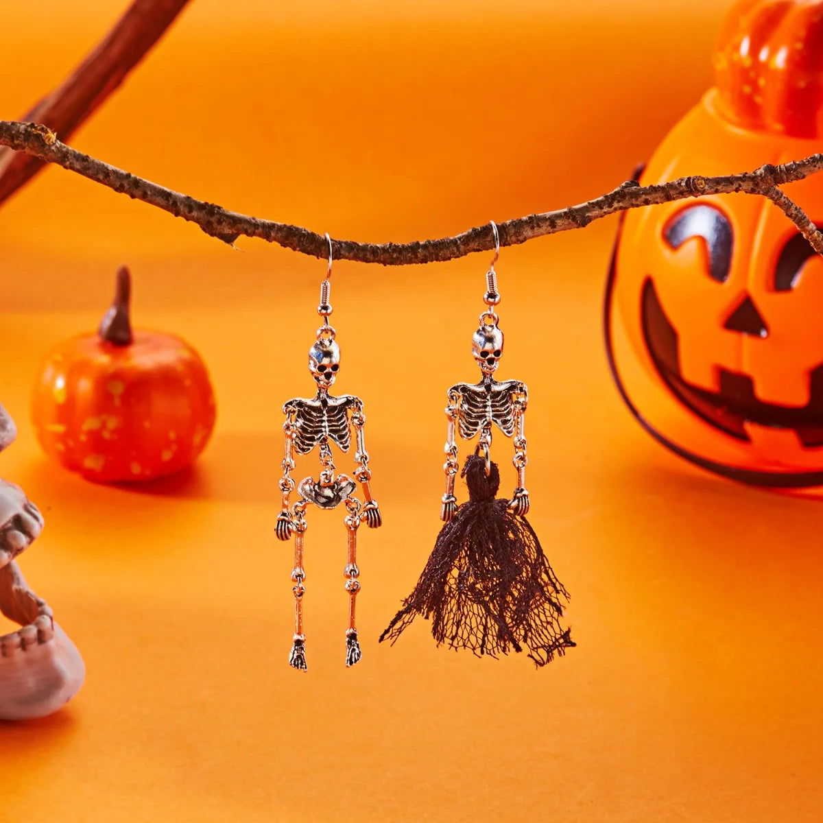 Gothic Bride Skull Skeleton Dangle Earrings Lace Fringe Asymmetrical Drop Halloween Funny Wedding Jewelry For Women Men Gifts