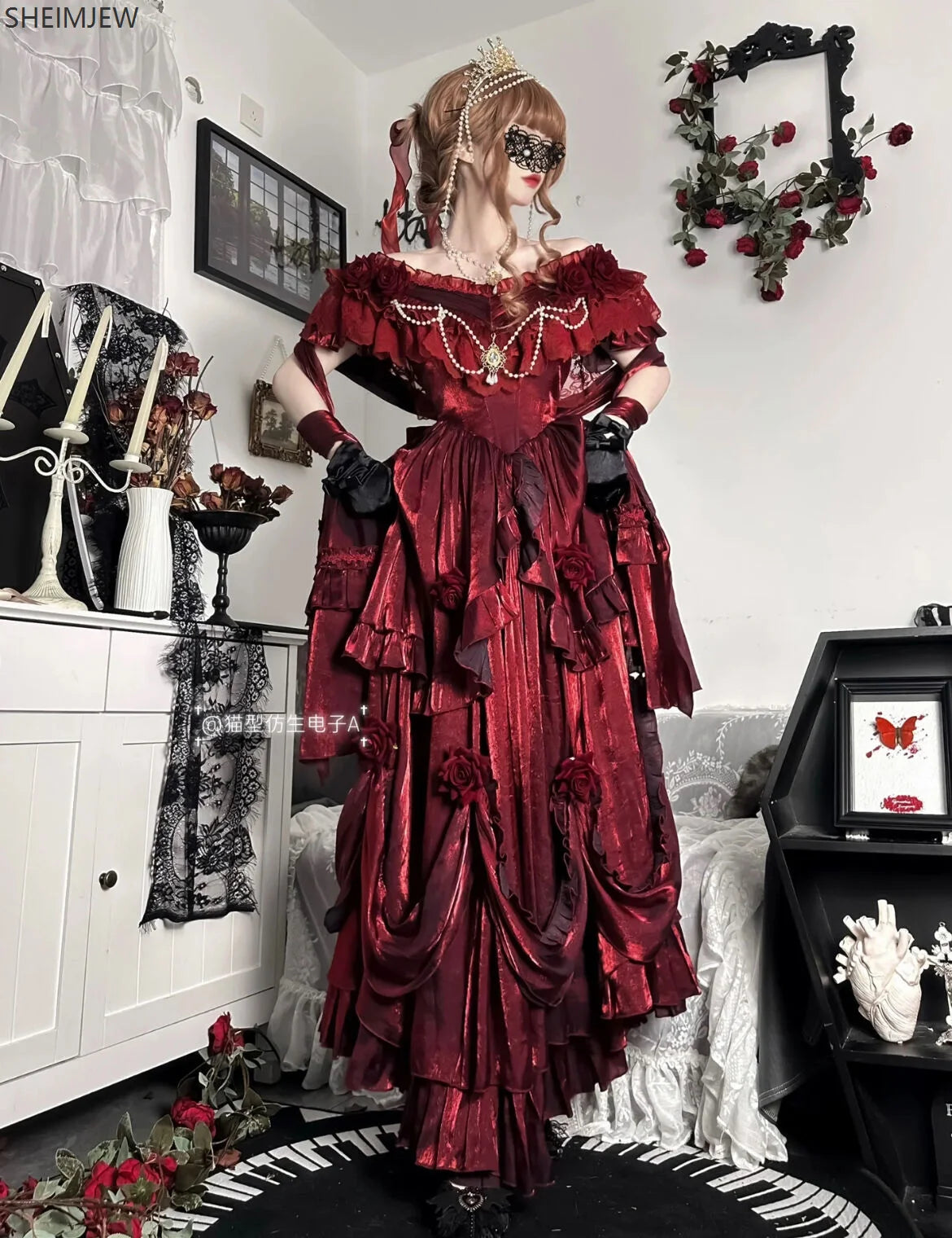 Pigeon Blood Red Bride Wedding Dress Female Lolita Dress Role Play Gothic Rose Flower Elegant Princess Dress Adult Ceremony Gown