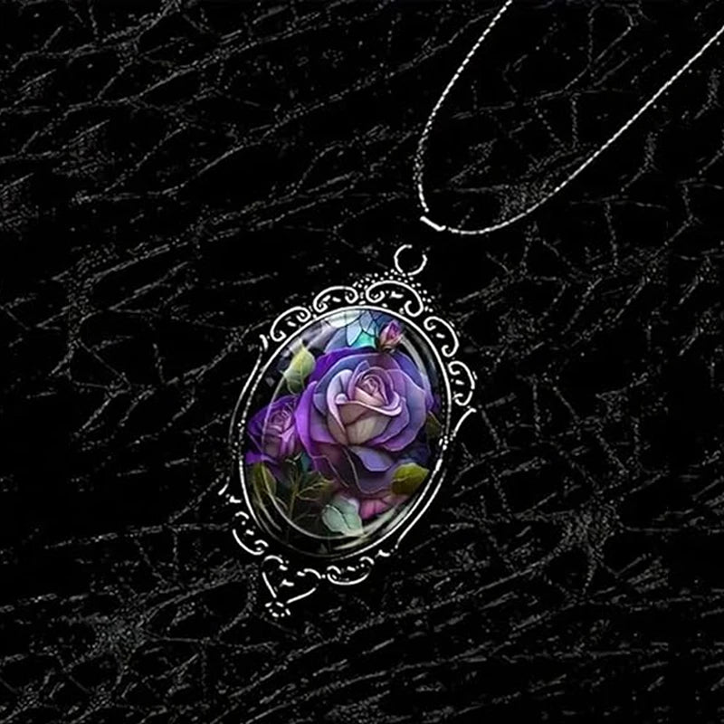 Gothic Style Oval Red Rose Flower Glass Pendant Necklace For Women Punk Halloween Jewelry Gifts