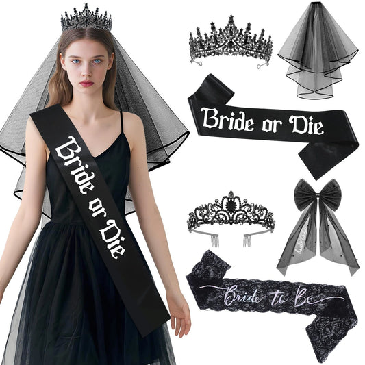 Women Girl Halloween Ghost Bride Black Wedding Crown Set Gothic Style Party Holiday DIY Decorations