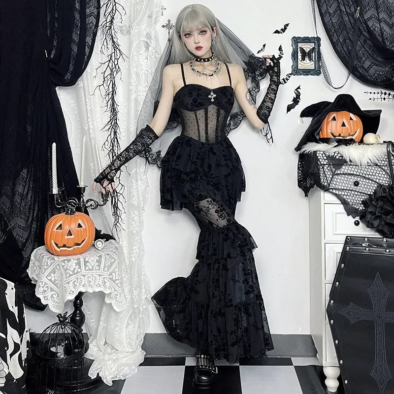 Gothic Dress Autumn 2024 New Sexy Long Dress Halloween Dark Style Elegant Mesh Strap Dress for Women