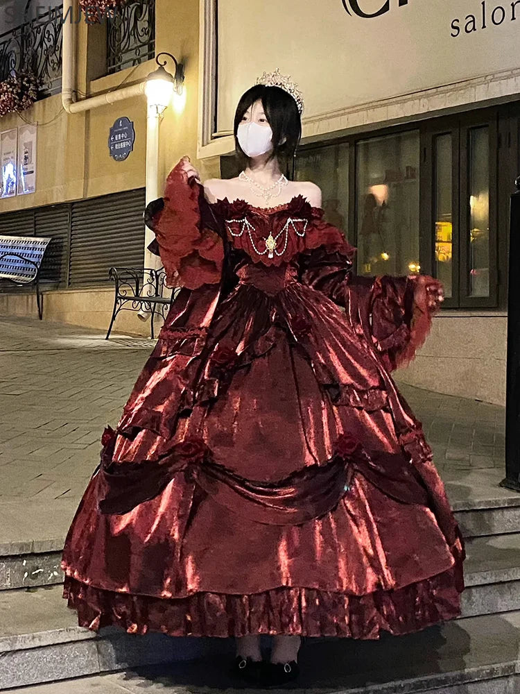 Pigeon Blood Red Bride Wedding Dress Female Lolita Dress Role Play Gothic Rose Flower Elegant Princess Dress Adult Ceremony Gown