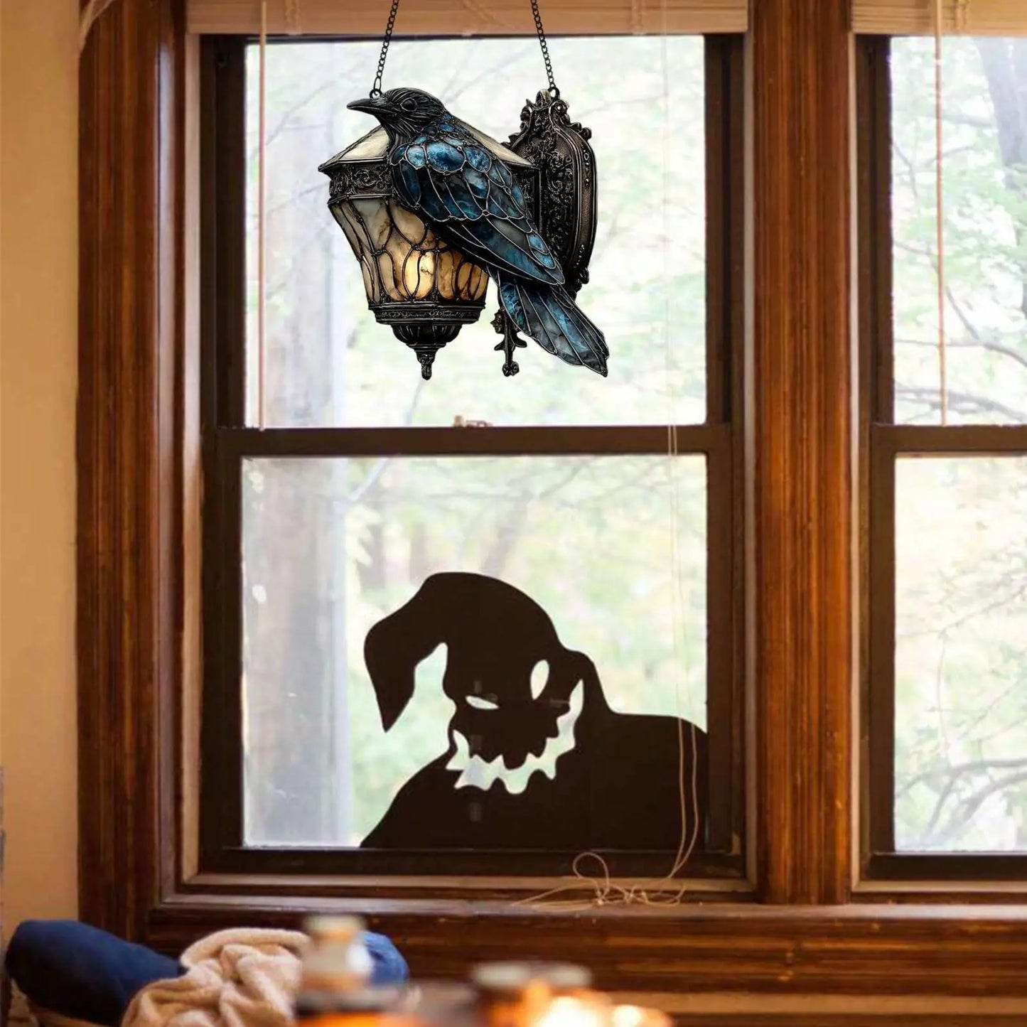 Gothic Crow on Lantern Ornament Sign 2D Acrylic Sign Halloween crow stained glass lantern Home Decorations for Holiday Party
