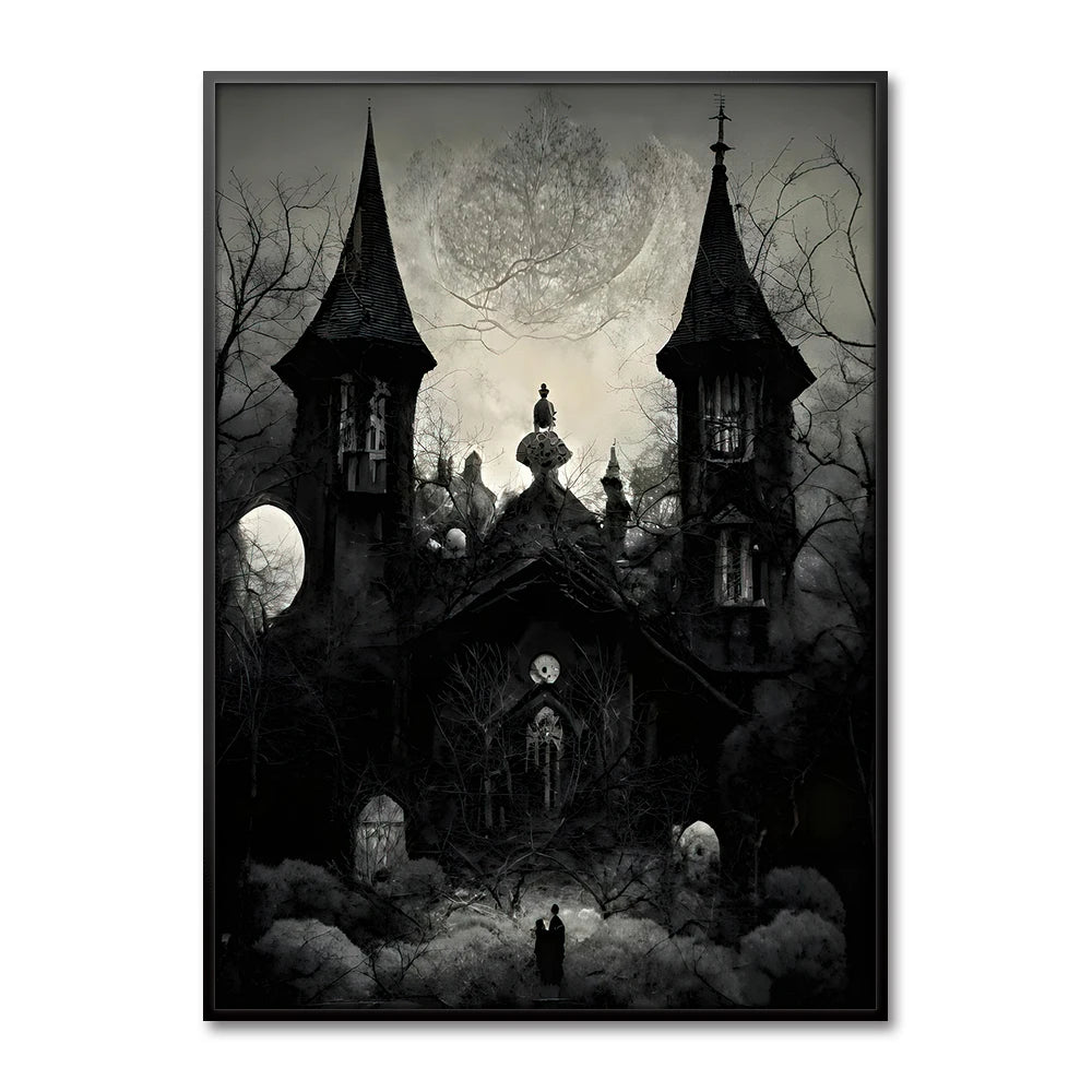 Gothic Halloween Decor Wall Art Painting Abstract Dark Castle Crow Ghost Print Canvas Art Poster for Halloween Party Decor