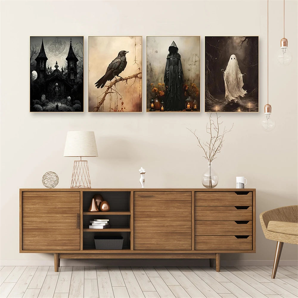 Gothic Halloween Decor Wall Art Painting Abstract Dark Castle Crow Ghost Print Canvas Art Poster for Halloween Party Decor