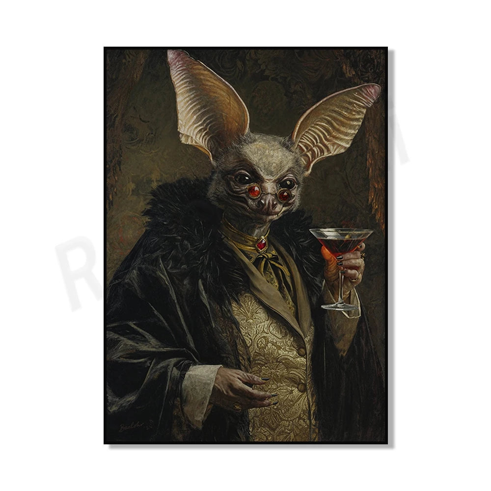 Gothic bat art, martini print, retro baroque renaissance vampire decoration, dark academic oil painting, gothic poster