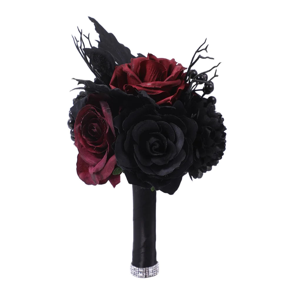 Gothic Wedding Bridal Bouquet Ghost Festival Red and Black Simulated Flowers Halloween Decoration Roses Handheld Flowers