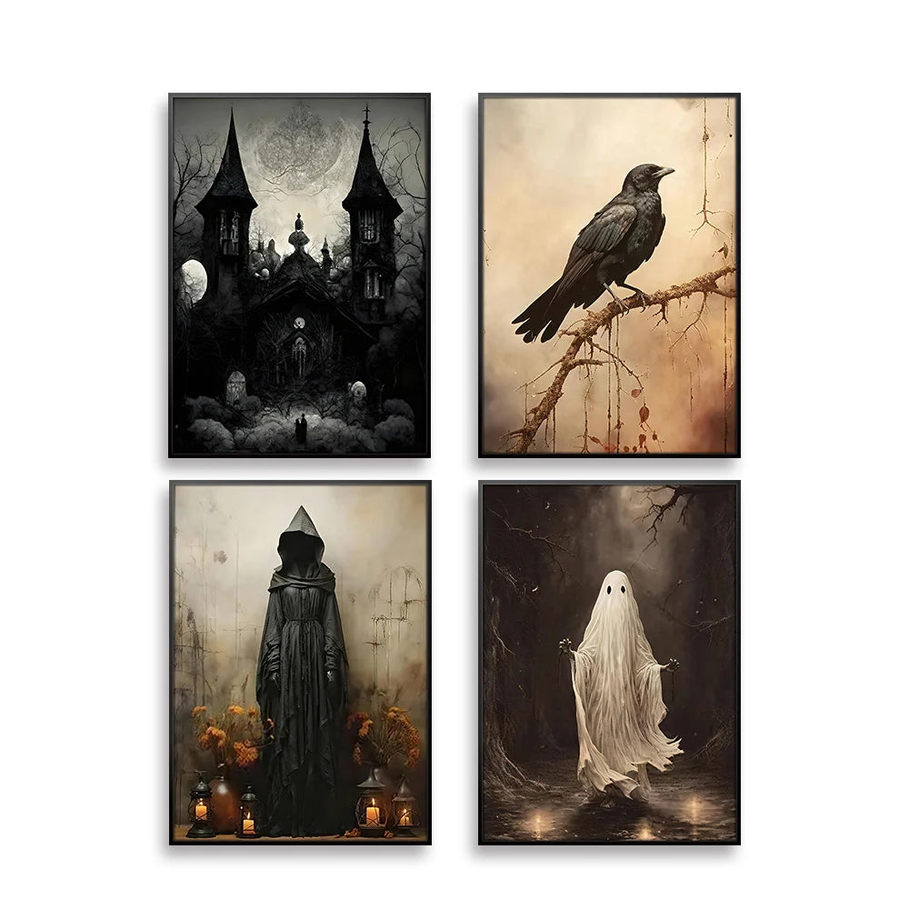 Gothic Halloween Decor Wall Art Painting Abstract Dark Castle Crow Ghost Print Canvas Art Poster for Halloween Party Decor