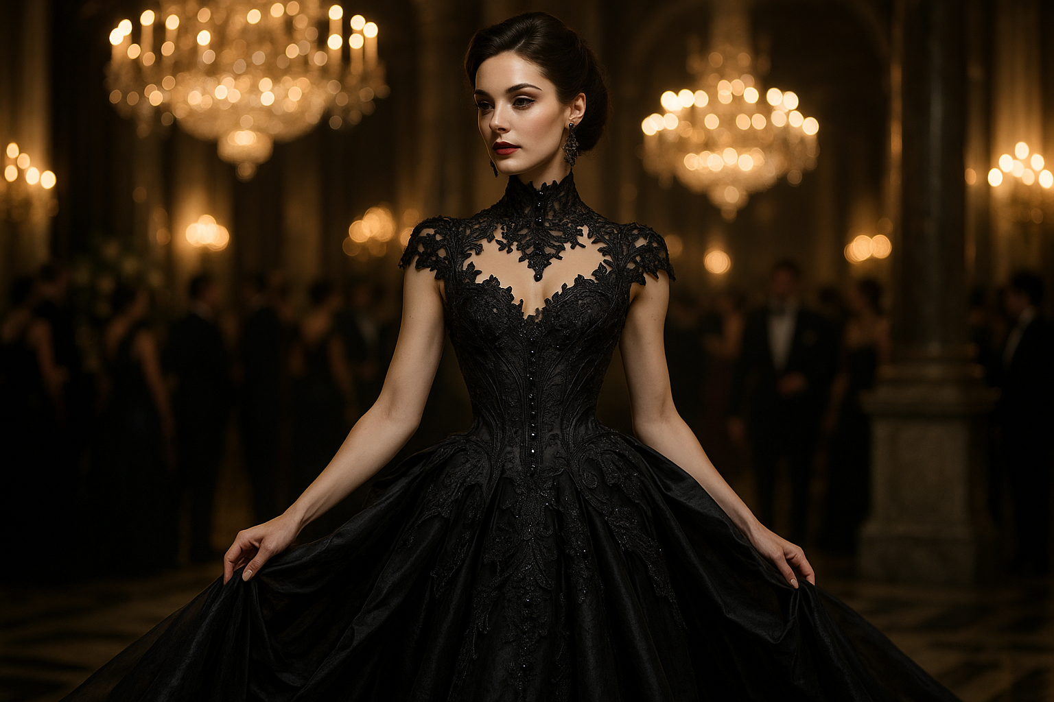 a luxury couture gothic gown being worn by a beautiful woman at a gala