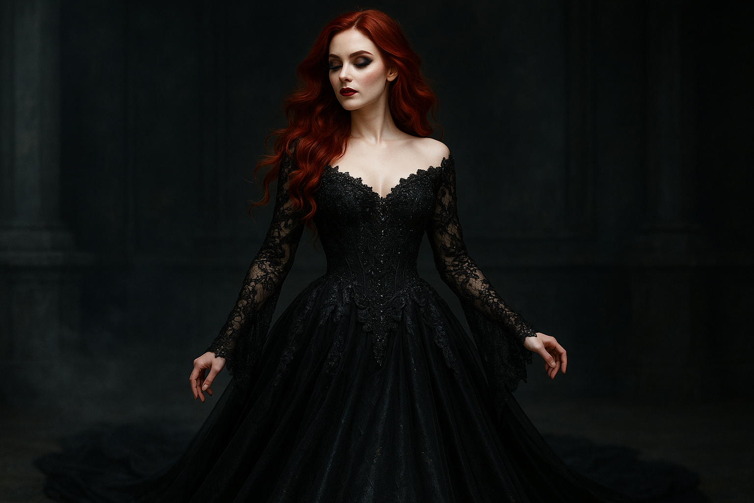 a stunning gothic wedding gown on a beautiful gothic woman with red hair 