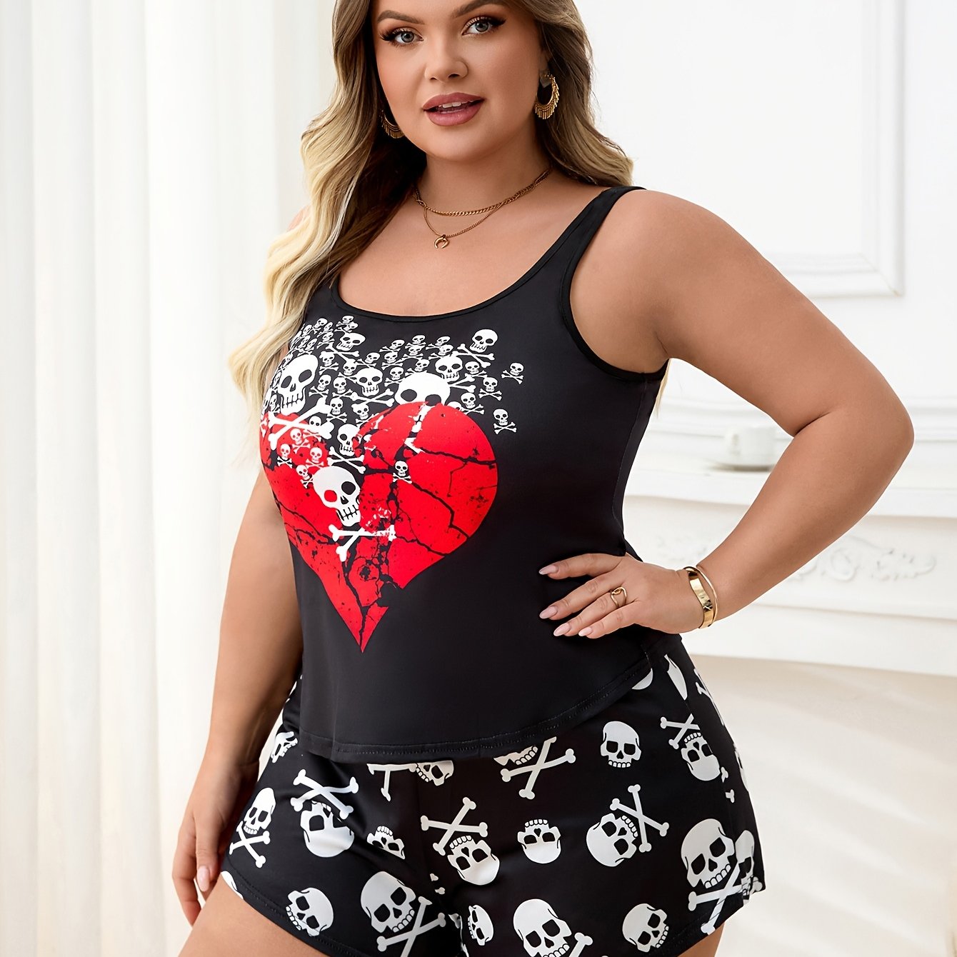 Women'S Plus Size Skull Print Tank Top & Shorts Set - Black with Red Heart Design, Casual Pajama Outfit, Medium Stretch Fabric, Perfect for Halloween or Casual Attire, Halloween Pajamas|Playful Print|Stretchy Fabric