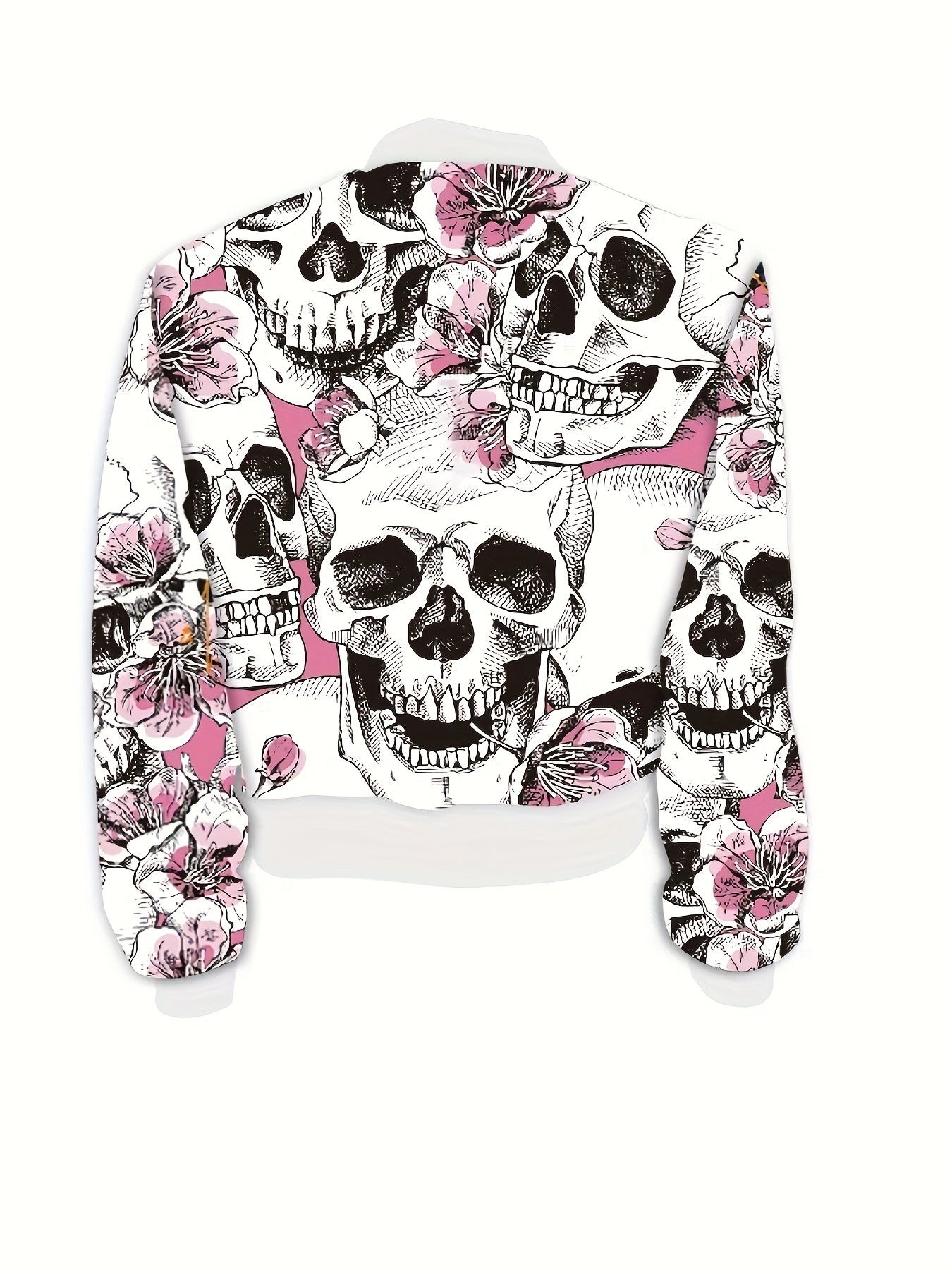 [Gothic Jacket] Women's Gothic Jacket - Black & Pink Skull Print Zipper Front Coat, Machine Washable Lightweight Outerwear for Halloween, Parties, Everyday Edgy Style - Non-Transparent Jacket, Halloween Clothes, Party Attire
