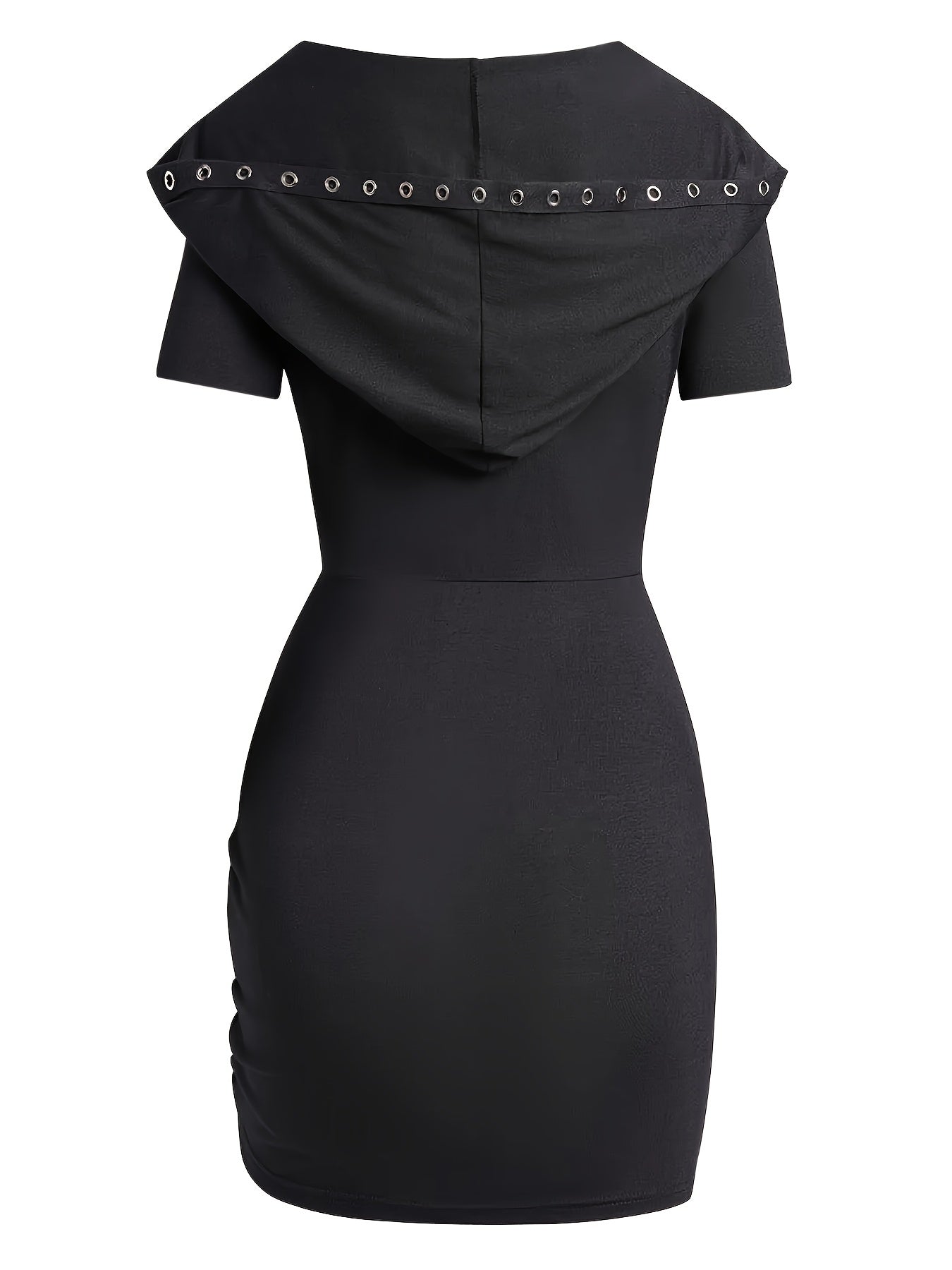 [Gothic Plus-Size Dress] Gothic Dark Style Plus-Size Black Lace-Up Ruffled Short-Sleeve Hooded Dress