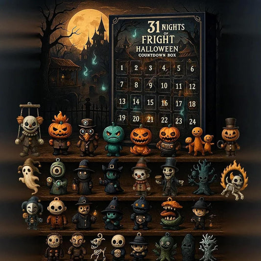 31 Nights of Fright- Halloween Countdown Box with Figurines, Halloween Advent Calendar 2025 Box, Scary Collectible Horror Figures, Hanging Charms& Decorations(31 days), Halloween Decorations, Halloween Decor, Spooky Countdown