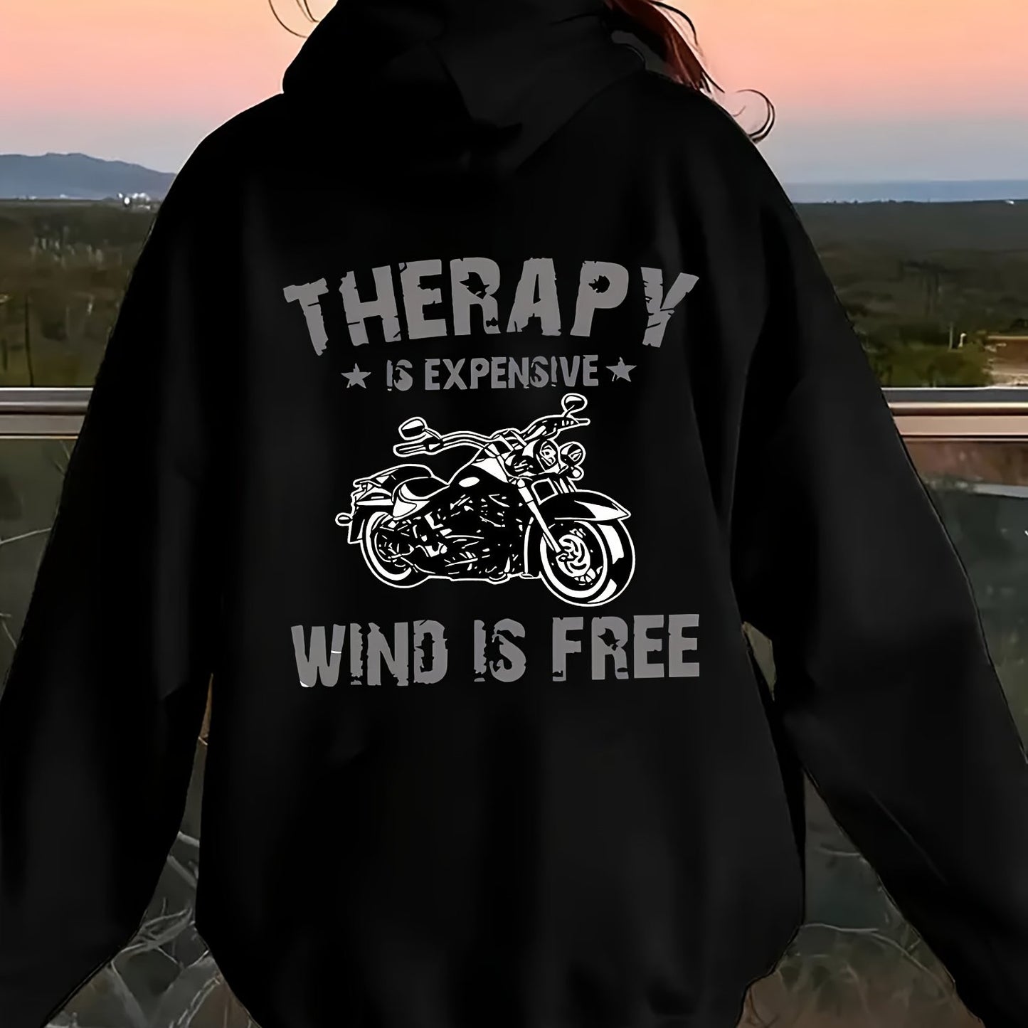 Women's Motorcycle-Themed Biker Jacket - Full-Zip Hooded -like Polyester Coat with Motorcycle Rider & " is Expensive, Wind is Free" Slogan, All-Season Casual Outerwear for Motorcycle Riding, Travel & Casual Attire - Machine W