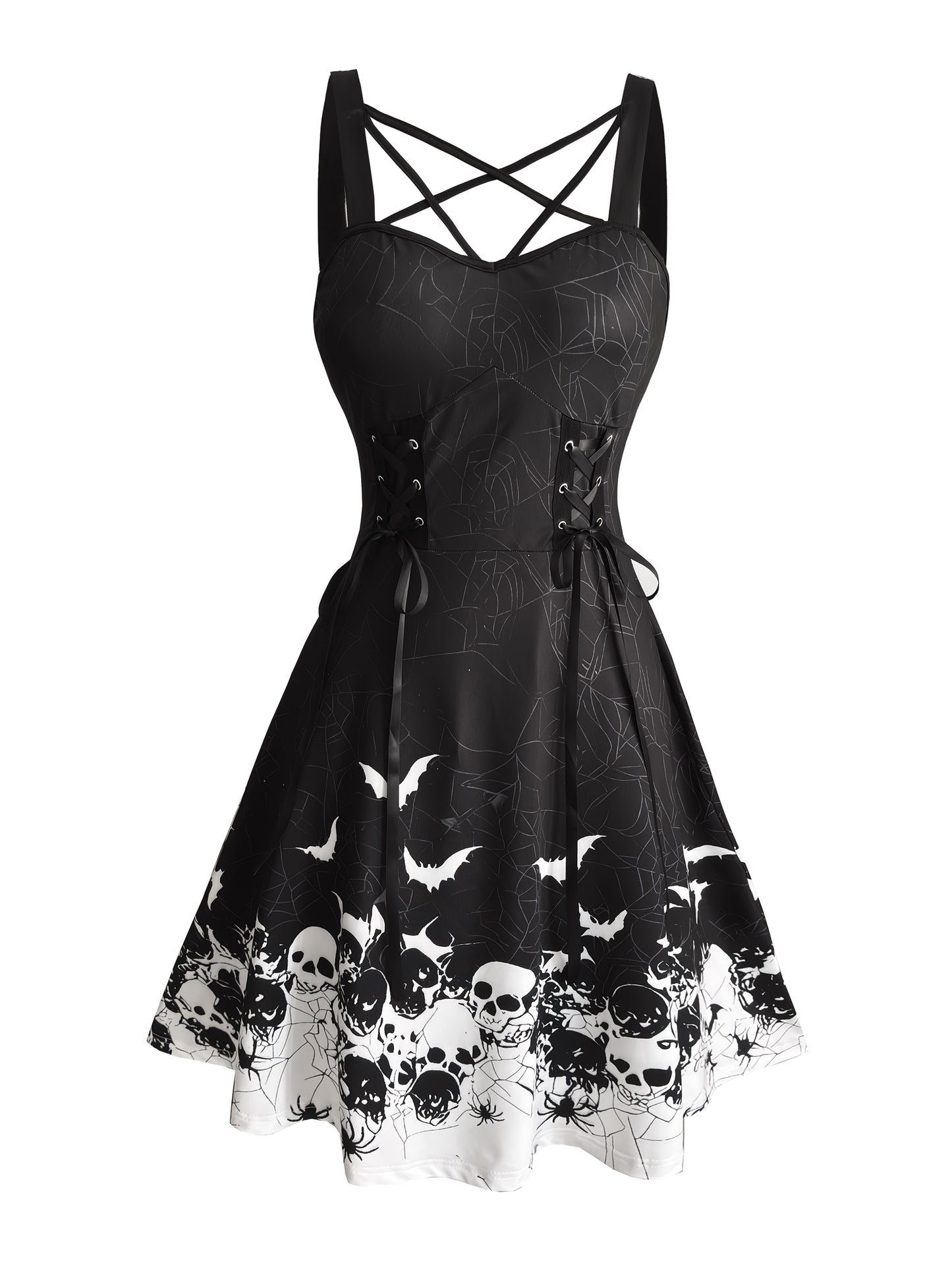 Women'S Gothic Halloween Party dress - Black Formal & Everyday Gothic outfit with Bat Silhouette Print, Flared Hem, Knee-Length Costume for Halloween, Gothic Events, Themed Parties - Fall Winter Clothing, Halloween Clothes, T