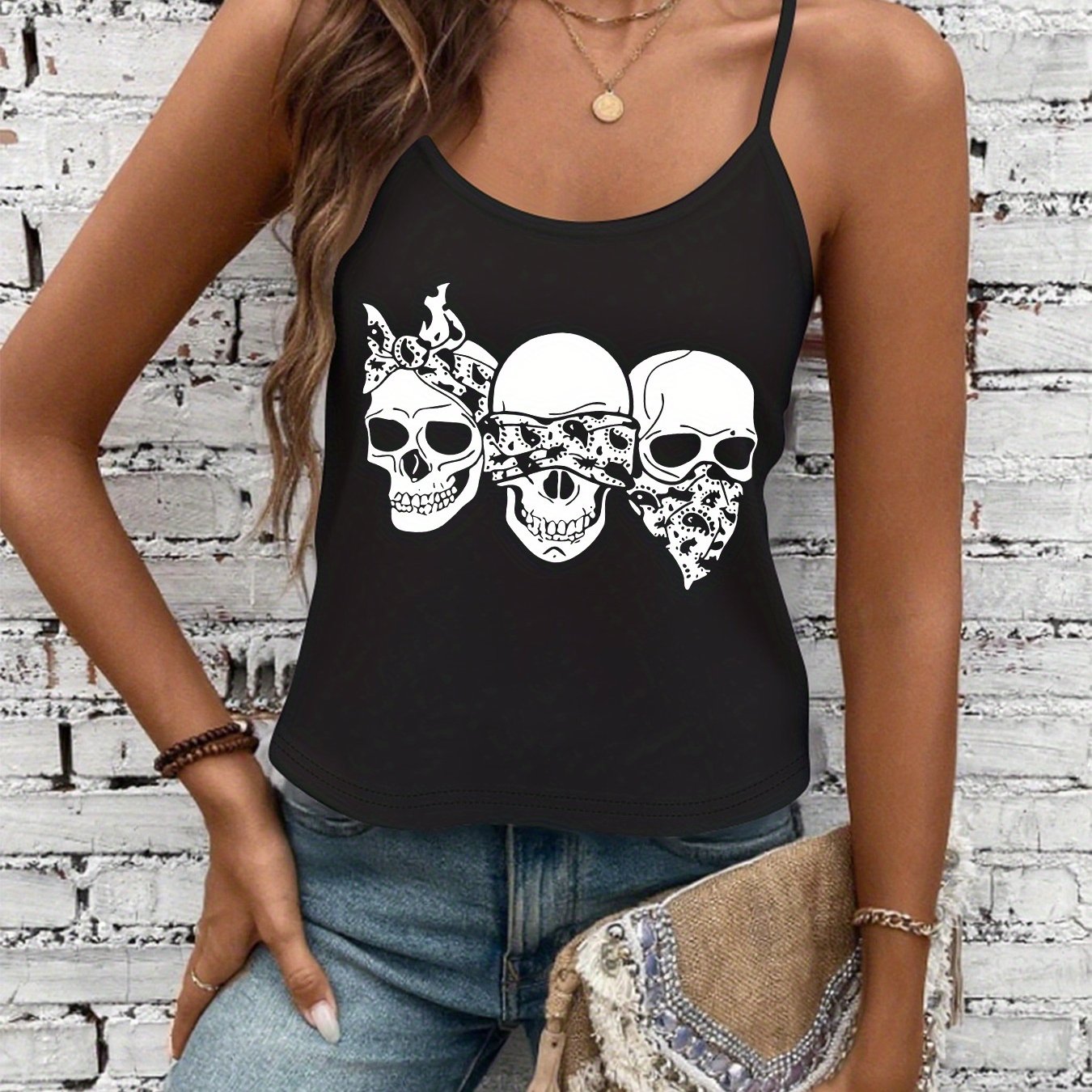 Women'S Sexy Gothic Graphic Tank Top - Sleeveless Shirt with Skulls, Edgy Streetwear Outfit for Concerts, Parties & Casual Attire - All-Season Fashion Statement Piece, Party Attire, Trendy Fashion, Comfortable Fit, Casual Wea
