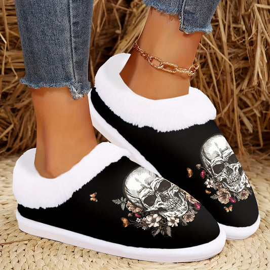 Women'S Gothic Halloween Slippers - Slip-On House Shoes with Non-Slip Rubber Sole, Soft Indoor/Outdoor Winter Footwear - Machine Washable & Skull Floral design for Halloween Party Decorations - Cozy Cold Weather Footwear Gift