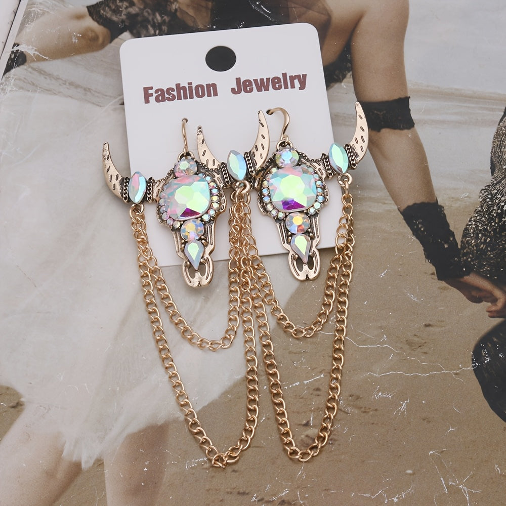 Gothic Western Vintage Tassel Rhinestone Bull Head Long Earrings for Women's Party Casual Fashion Jewelry
