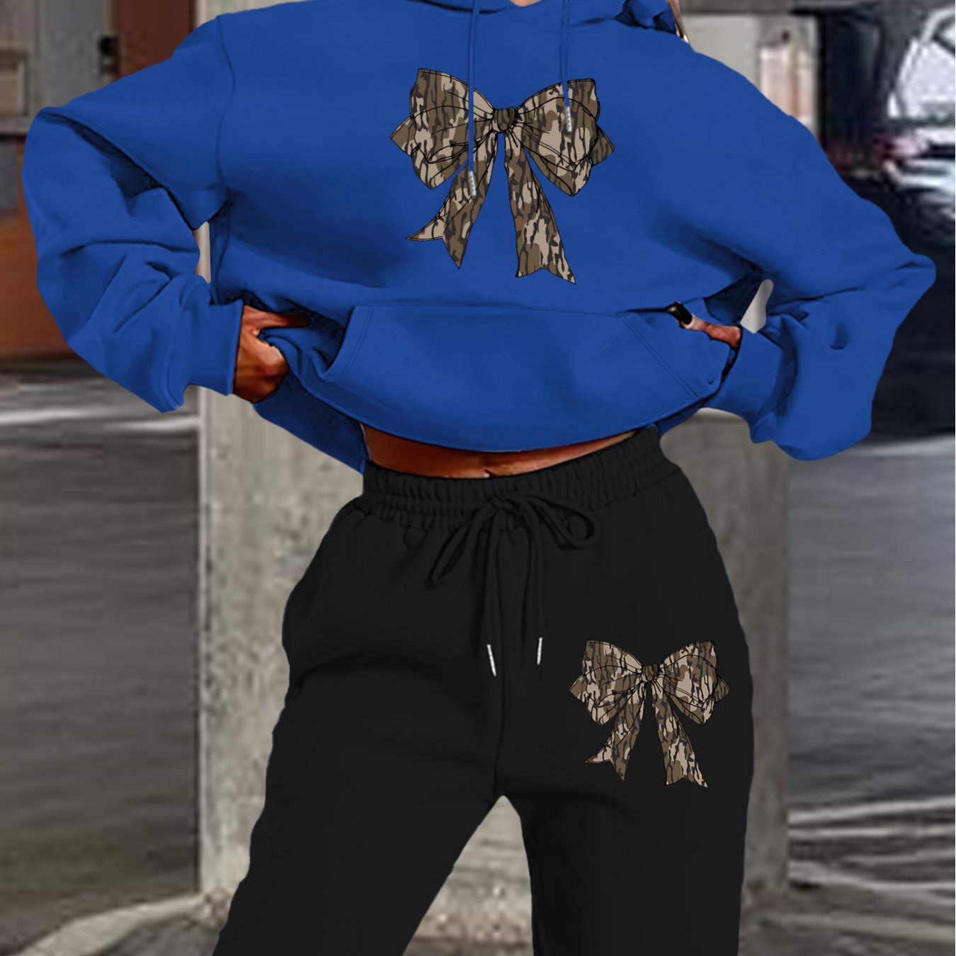 2024 Women's Navy Blue Hoodie & Jogger Set with Camo Bow Detail - Casual Long Sleeve, 100% Polyester Outfit, Machine Washable, Perfect for Fall/Winter