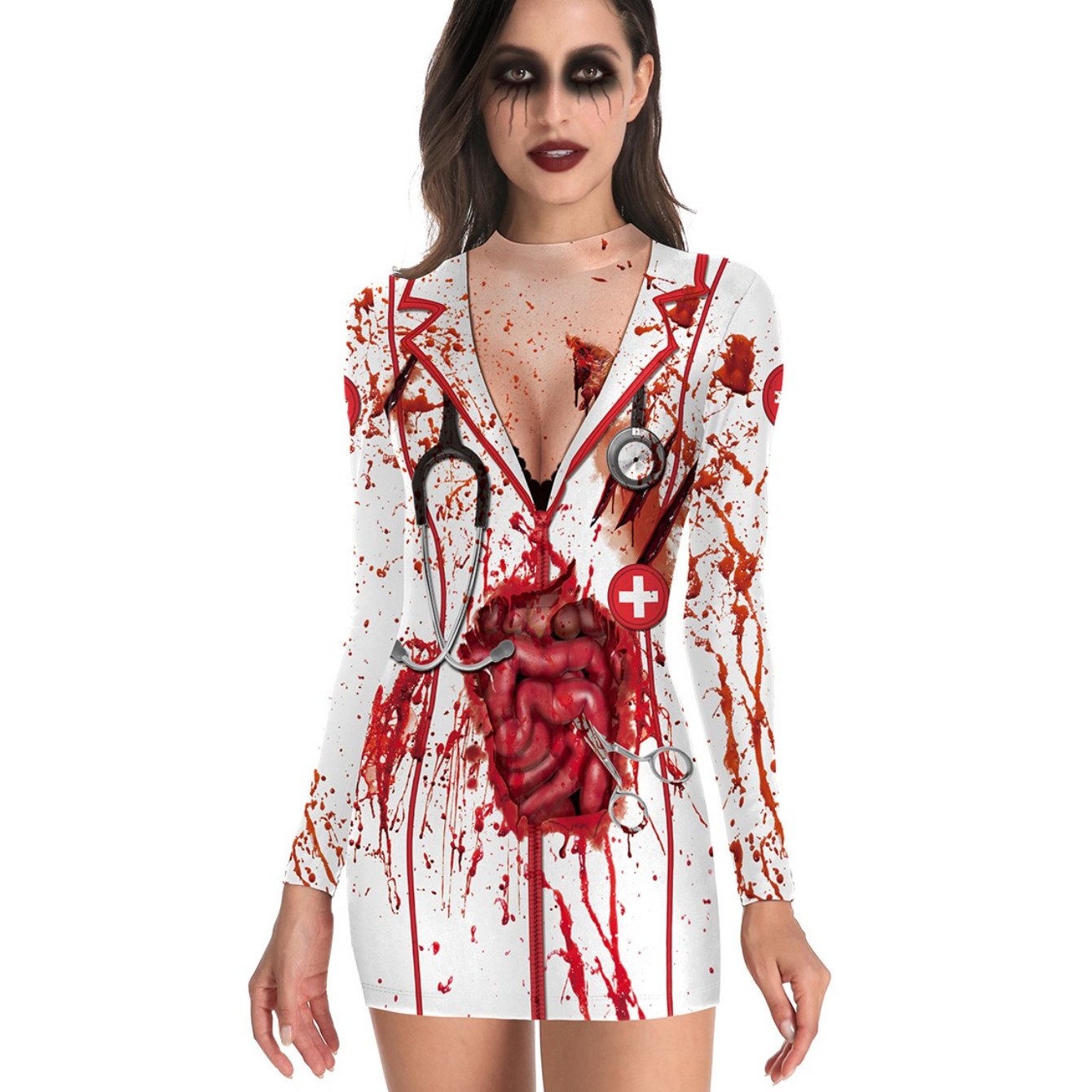 Women's Sexy Nurse Costume - Glow in The Dark Cross Uniform, Stretchy Bodycon Dress with White Cross & Red Print, Hand Washable Role Play Outfit for Halloween, Themed Parties & Cosplay (Adults)