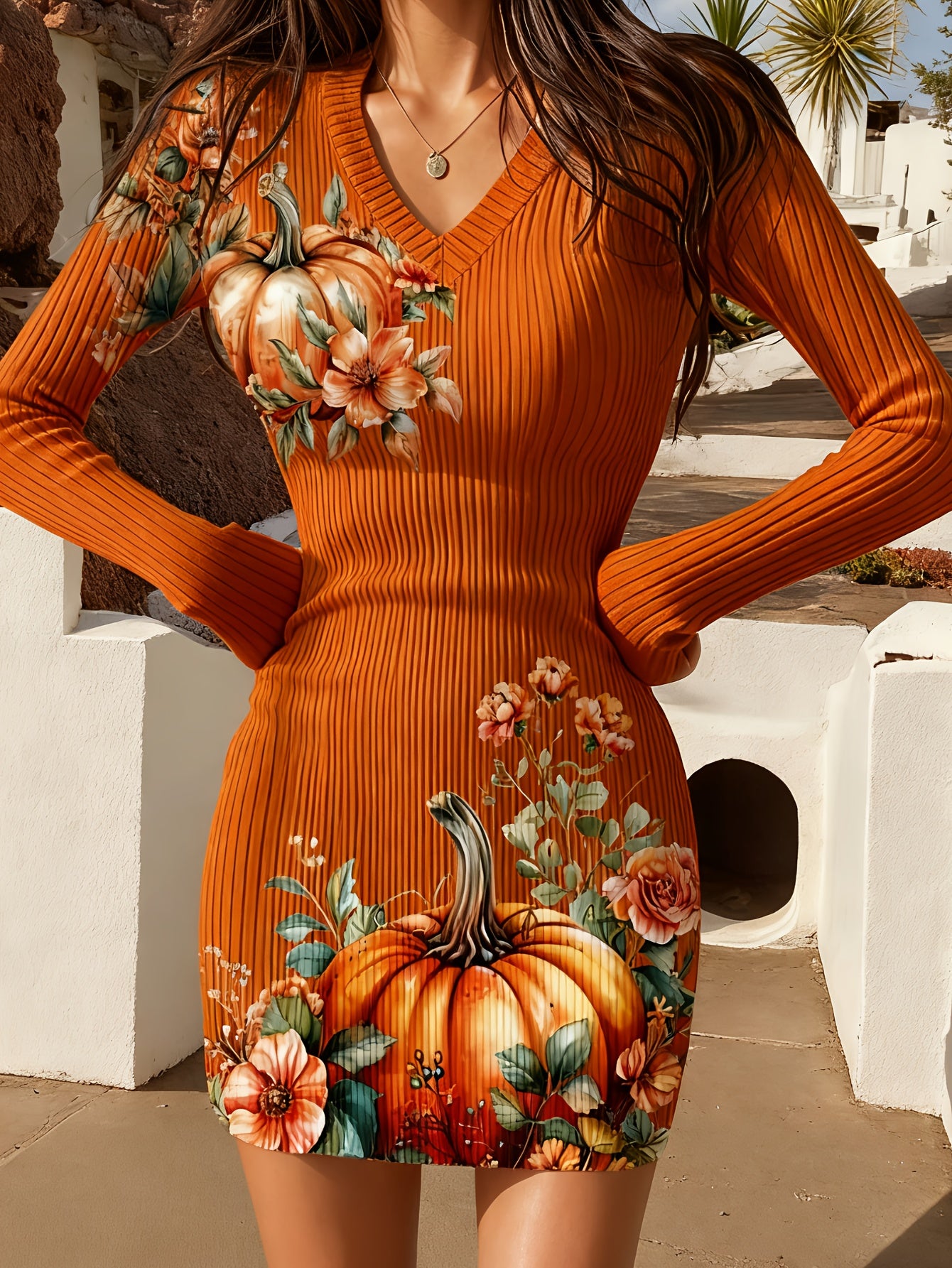 Women'S Sexy Slim-Fit V-Neck Sweater Dress - Long Sleeve Ribbed H-Line Silhouette with Pumpkin & Floral Print, Mid-Length Fall Winter Warmth, Tight Cuffs & Straight Hem - Cozy to Elegant Outfits for Halloween, Christmas Parti