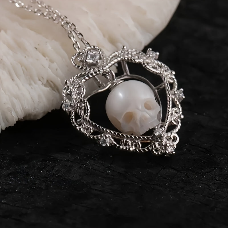 Gothic Skull Carved Imitation Pearl Necklace with Heart and Soul Pendant, 925 Silver-Plated Synthetic Necklace - Valentine's Day Gift for Her or Him