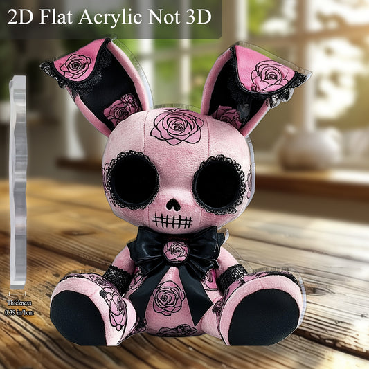 2D Flat, 1pc Gothic Style Bunny Plush Toy Acrylic Desktop Decor - Black & Pink with Rose Accents, 5.91" x 5.11", No Batteries Needed, Perfect for Office, Bar, Cafe, Valentine'S Day, Easter, or Gift for Friends, Cute Decor, Ba