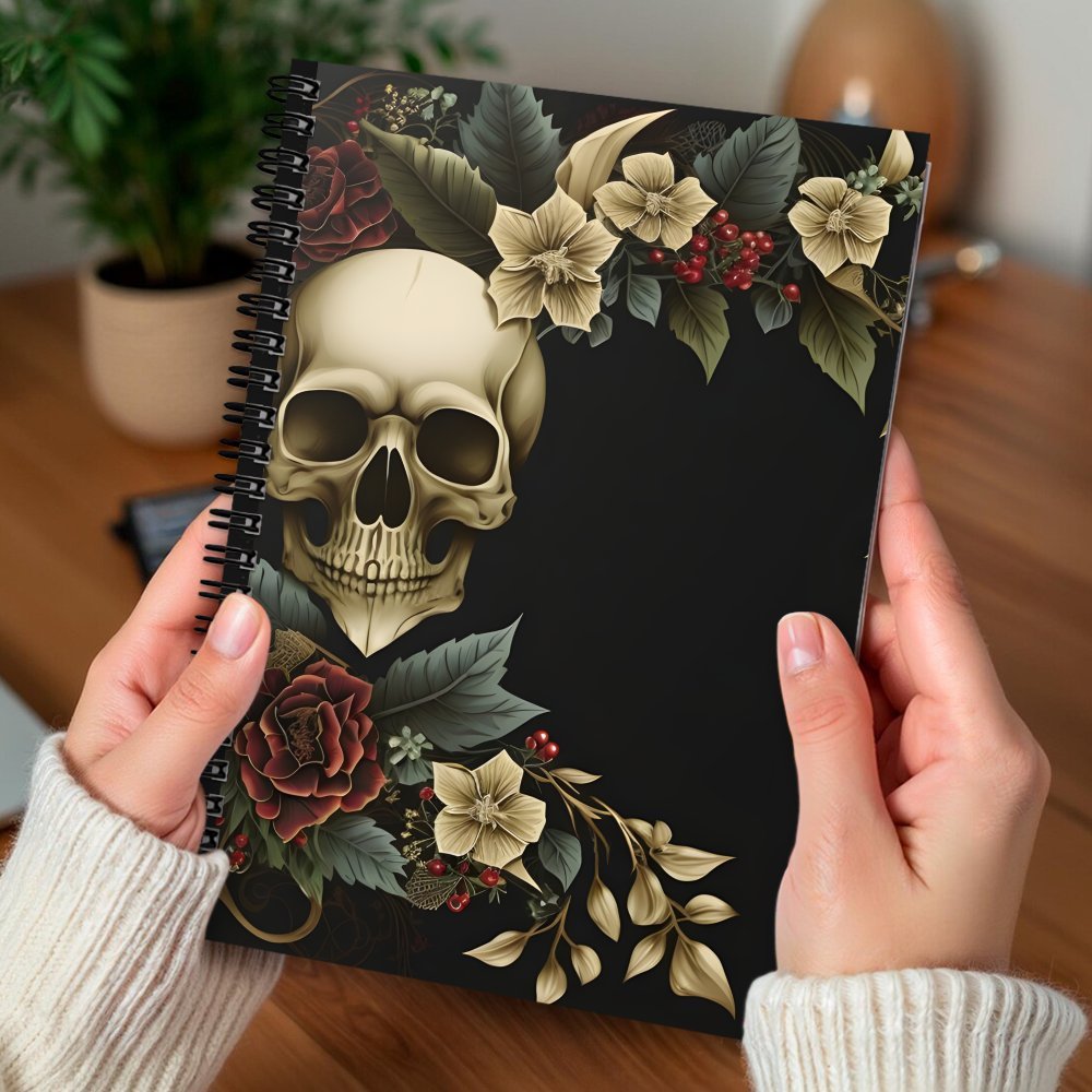 [Gothic Spiral Notebook] Gothic Spiral Notebook Journal - 1pc Witchy Office Supplies, 100 Pages, Black with Floral Skull Design, Perfect for Travel, Daily Writing, and Gothic Mystical Notes, Ideal Gift for Teen Girls, Skeleto