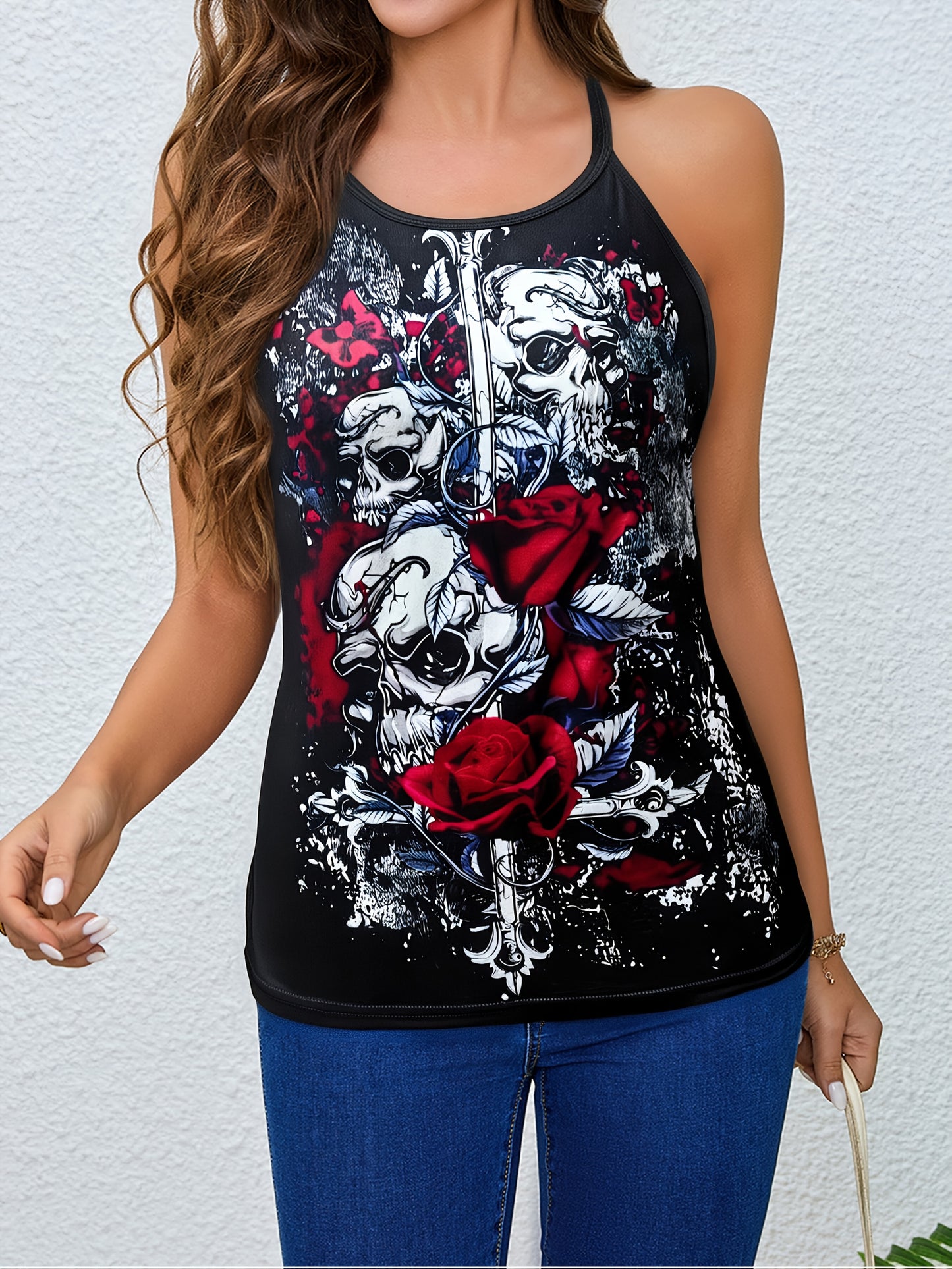 [Halloween] Women's Gothic Crossed Skull & Roses Backless T-Shirt - Edgy Halloween Party Top with Crisscross Strap, Non-See-Through Fabric for Costume Events, Everyday Gothic Outfits - Year-Round Dark Aesthetic Tee, Goth T Sh