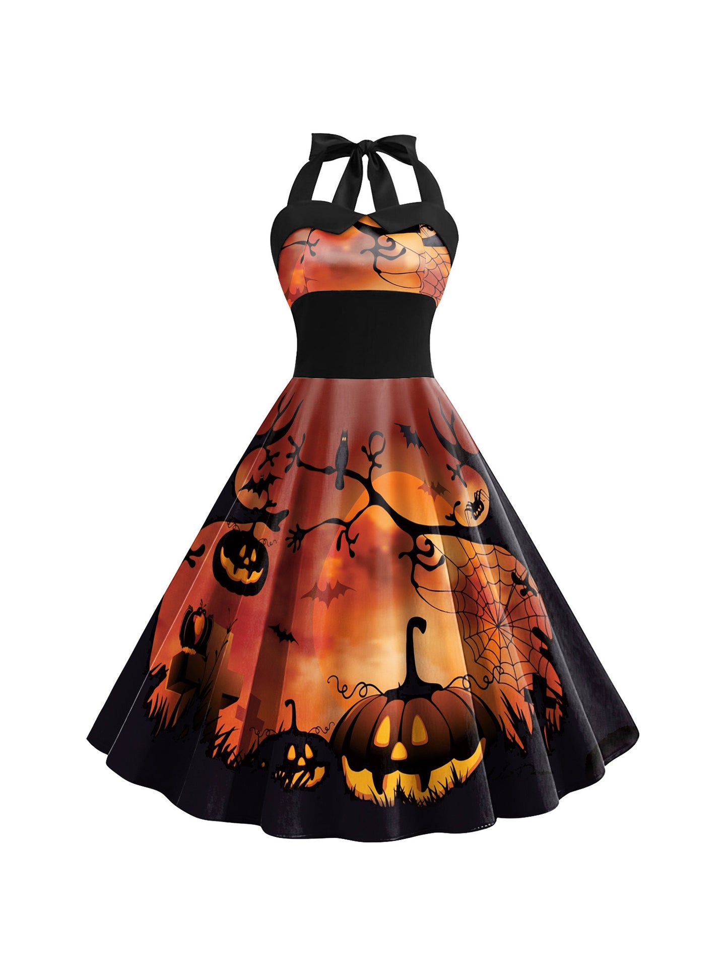 Women'S Retro Gothic Halloween Dress with Skull & Spider Web Print - Asymmetrical Short Sleeve High Waist Party Costume, & Orange Sleeveless Outfit with Shoulder Straps & Ruffled Hem for Themed Events, Year-Round Wear (Adult