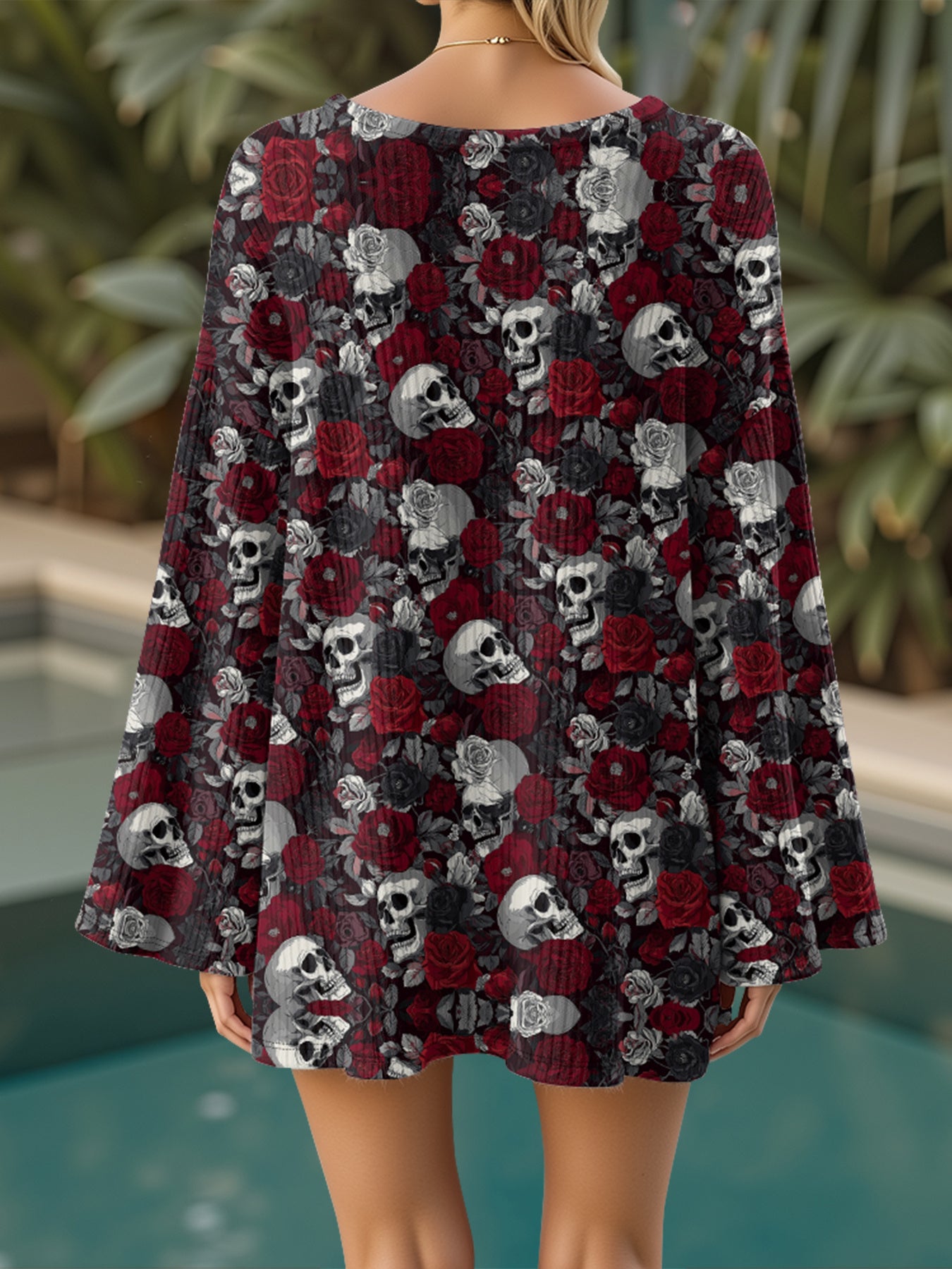 Women's Gothic Boho V-Neck Sweater - Oversized Loose Fit Long Sleeve Pullover with Asymmetrical Hem & Skull & Rose Print in Burgundy/Black/White/Gray - Cozy Fall Winter Sweater for Casual & Formal Outfits, Breathable H-Line S