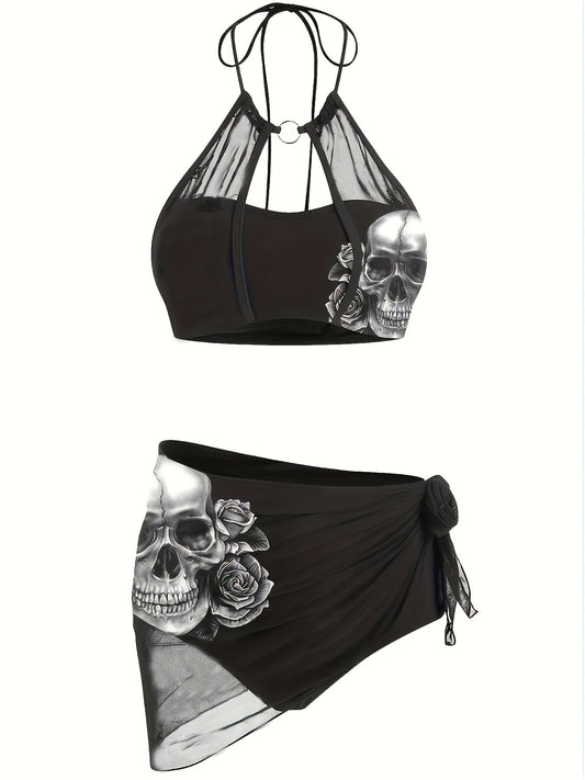 Rose Skull Print High Waist Bikini Set, Women'S Casual Knitted Mesh Hollow Swimsuit, Suitable For Vacation, Suitable For Sports Occasions, New Spring And Summer Swimsuit