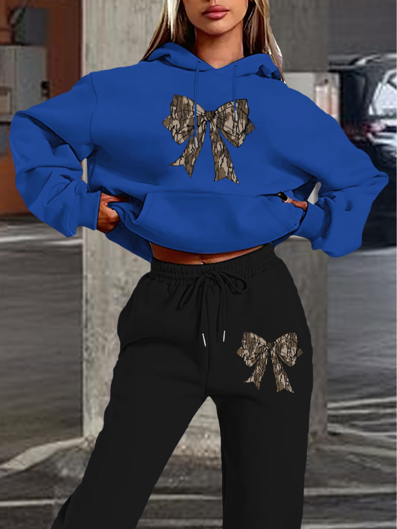 2024 Women's Navy Blue Hoodie & Jogger Set with Camo Bow Detail - Casual Long Sleeve, 100% Polyester Outfit, Machine Washable, Perfect for Fall/Winter