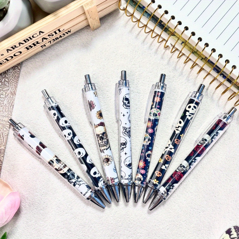 7pcs 7pcs Day of the Dead Skull Magnetic Gift Round Ballpoint Pen - Skull Flower Reading Black Ink Writing Pen, Suitable for Women Book Lovers Office Teachers Writing Supplies