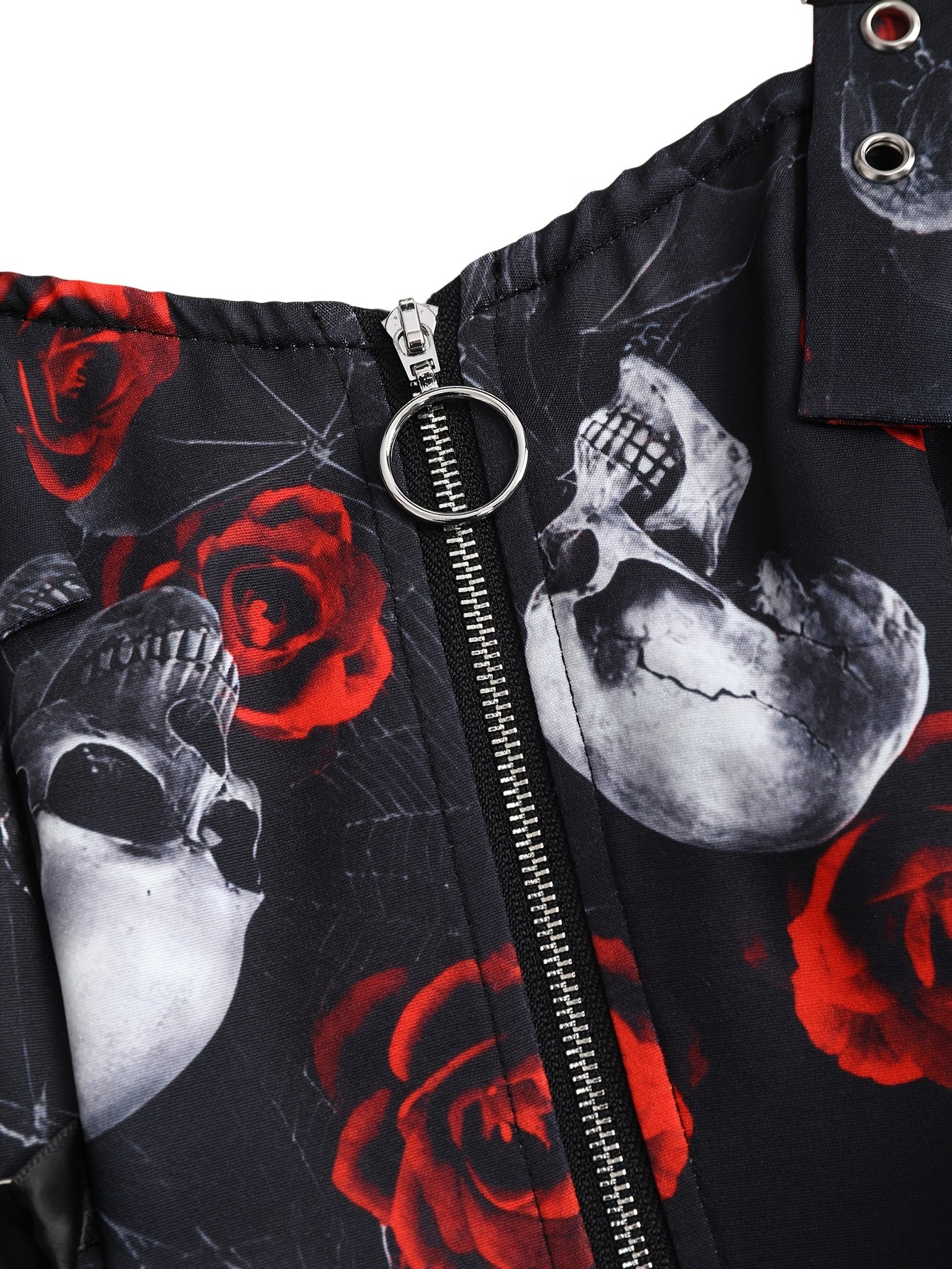 [Gothic Rose Midi Dress] Elegant Halloween Women's Gothic Rose Print Midi Dress | Casual Sleeveless A-Line Skirt with Back Zipper and Corset Detail, Black with White Floral Pattern