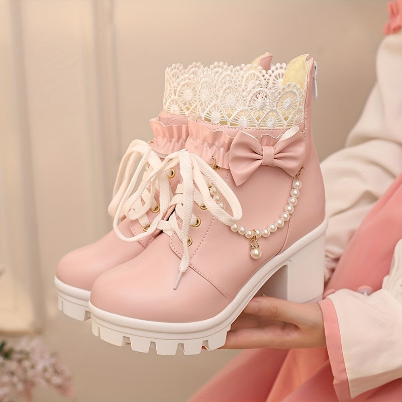 [Winter Chunky Heel Boots] Women's Winter Chunky Heel Gothic Lace-Up Ankle Boots | Japanese/Korean Fashion Faux Cover Round-Toe Short Boots with Thick Platform Sole, Zipper Closure & Heart Bow Buckle, Soft Fabric Lining - Cut