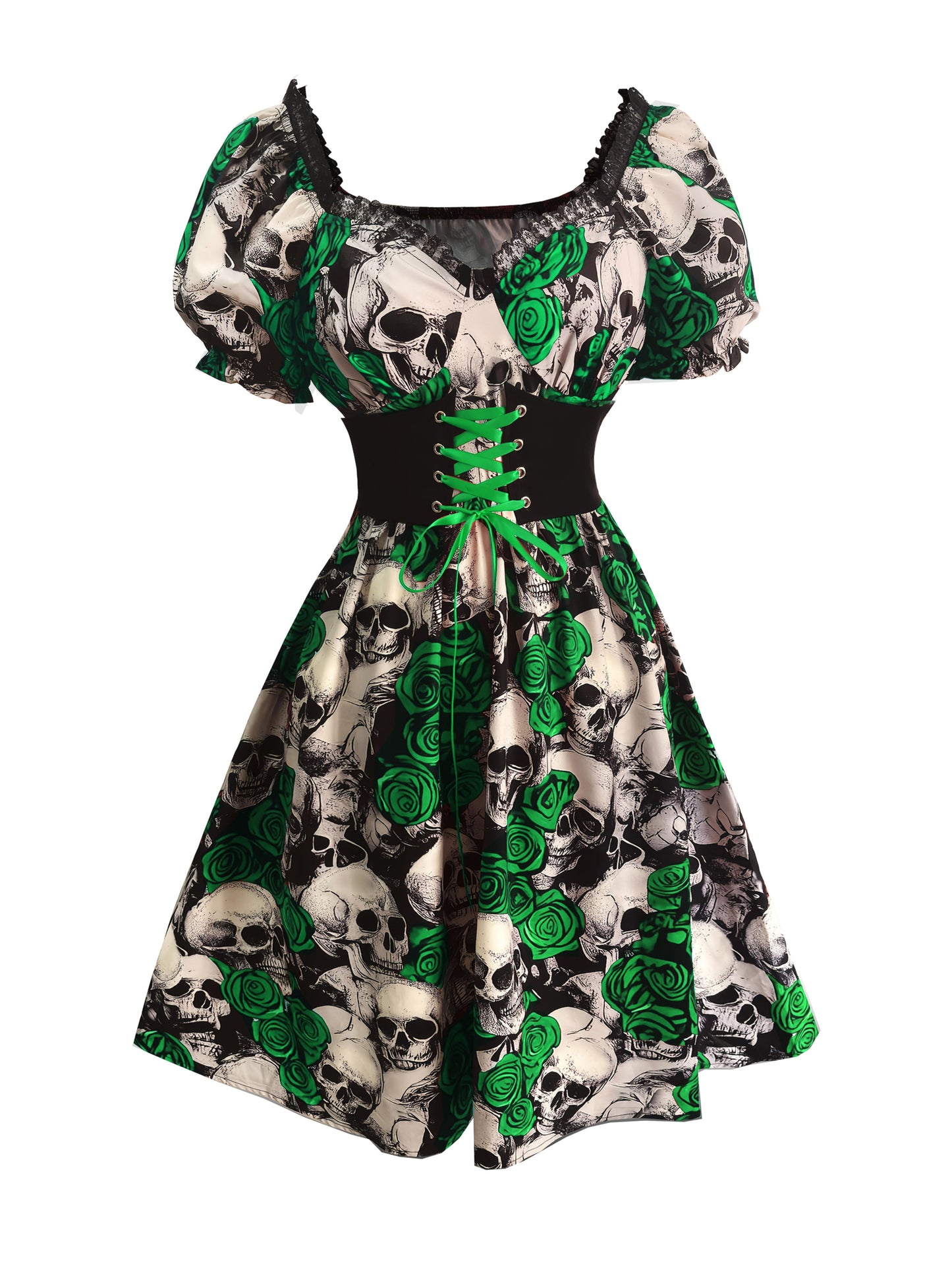 Women's Gothic Y2K Skull & Rose Print Gothic Victorian-Style Dress with Ruffled Hem & Spaghetti Strap - Lace-like Sleeve Neckline, Corset Back Closure, Machine Washable - Elegant Party Outfit for Halloween, Day of the Dead, T