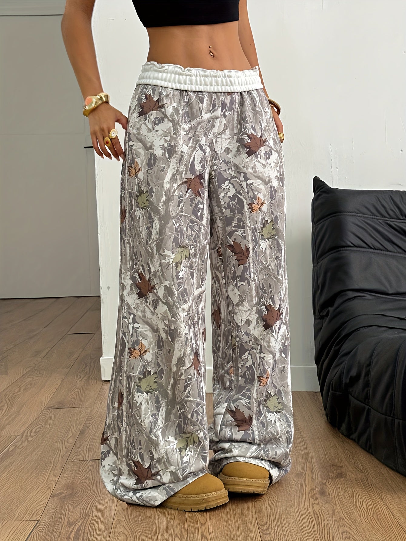 Women's Elegant Winter Pants - Brown/Beige/Tan Camouflage leaf & tree branch print with White Belt - Wide-Leg Trousers with Pockets - Machine Washable Formal & Everyday Pants for Fall/Winter - Brown/Beige/Tan Tones - Office,