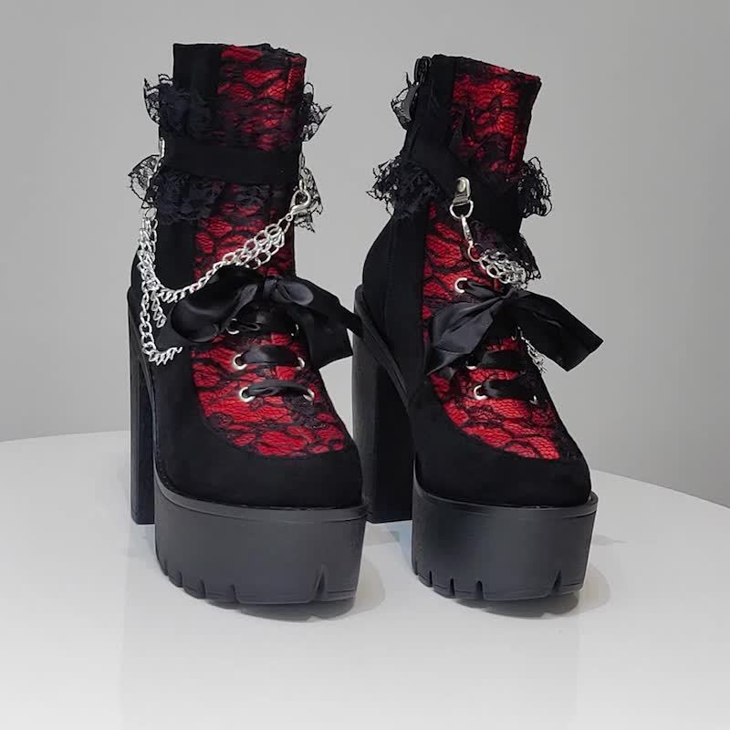 GDGYDH Vintage Gothic Lace Ankle Boots for Women - Chunky Heel, Side Zipper with Chain Detail, Round Toe, All-Season Compatibility, Black & Red Gradient