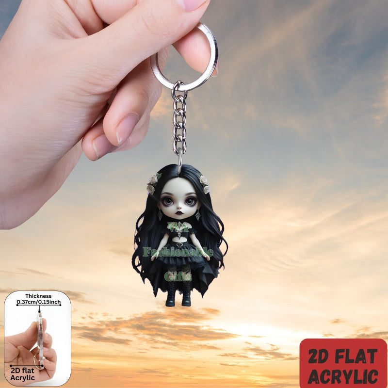 2D Flat, 1pc or 6pcs Gothic Horror Doll Keychain - Cute Gothic with Expressive Eyes, Flat 2D Flat Design with Black Hair & White Face Paint - Compatible with Backpacks, Cars, Phones, Keys - Spooky Accessory for Halloween, Chr