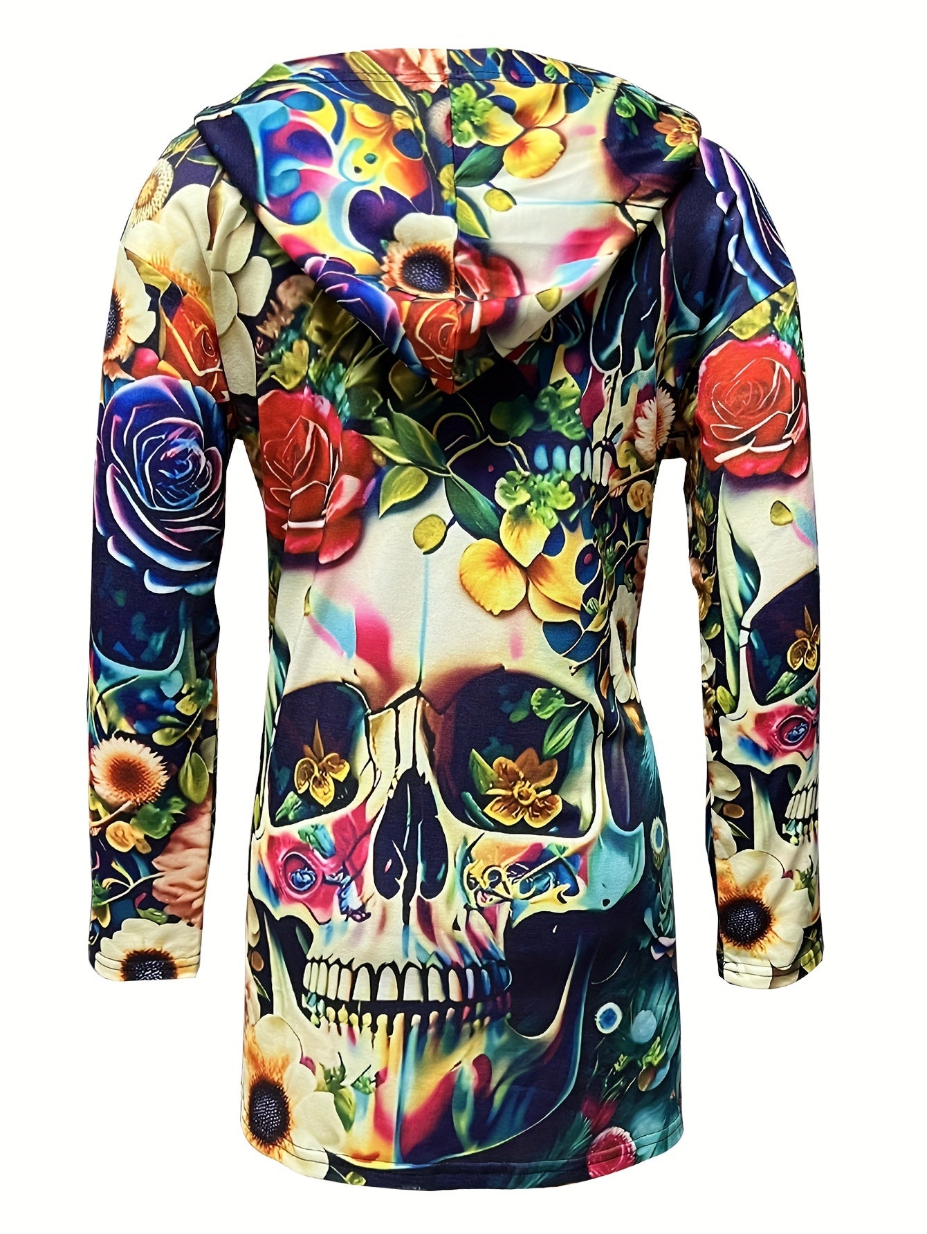 1pc Women'S Colorful Skull Hoodie Dress, Casual Polyester Knit with Slight Stretch, Long Sleeve Hooded Pullover with Pockets, All Over Print Loose Fit, Fall/Winter Fashion