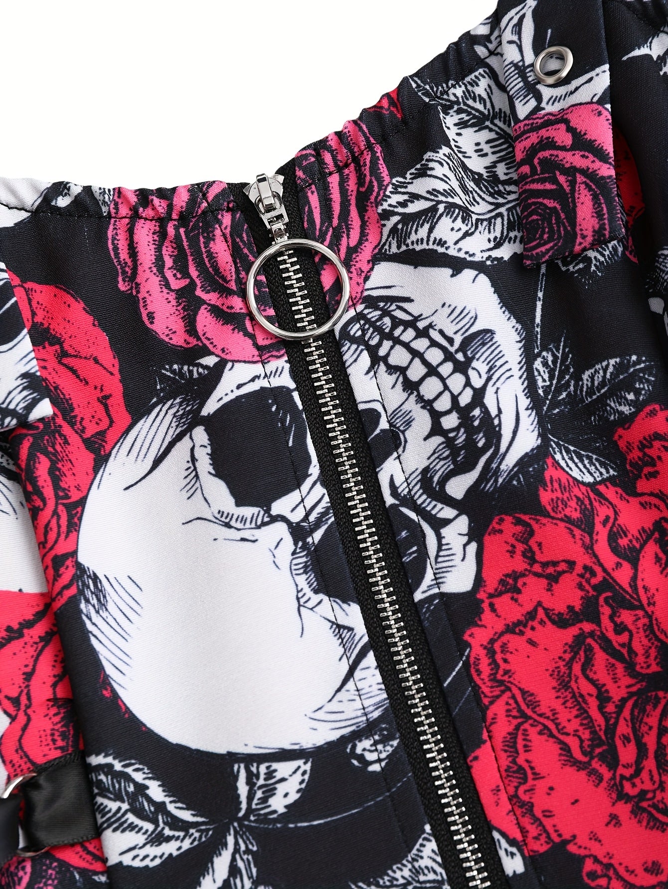 [Rose Skull Print Dress] Women's Off-Shoulder Rose & Skull Print Dress | Casual Short Sleeve Zipper Adjustable Black Straps | Machine Washable All-Season Party & Casual Attire, Nontransparent Fabric