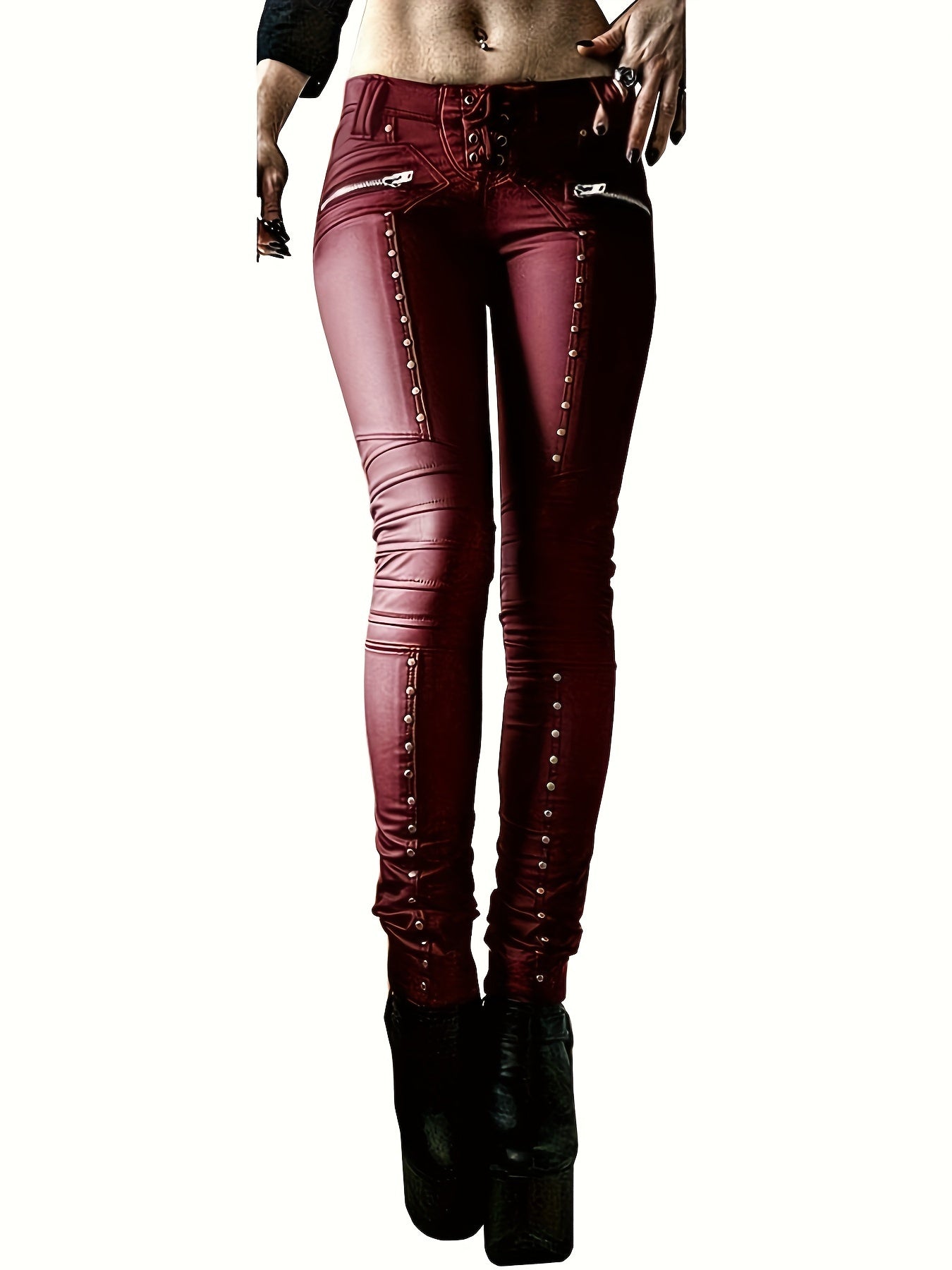 Women's Gothic Punk Skinny Leggings - High-Waisted PU Motorcycle Trousers with Lace-Up Details, Rock Club Style, Black, Stretchy & Comfortable Fit for Spring/Fall