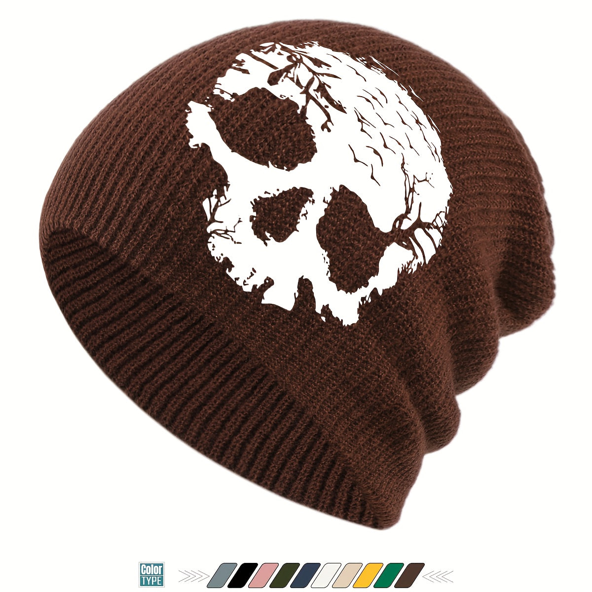 1pc Gothic Skull Print Beanie Hat - Soft Stretchy Winter Skull Cap with Elastic Band, Lightweight Warm Unisex Beanie for Men & Women, Gothic Style for Halloween, Christmas, Casual Attire - Black, Grey, Yellow, Pink, White & M